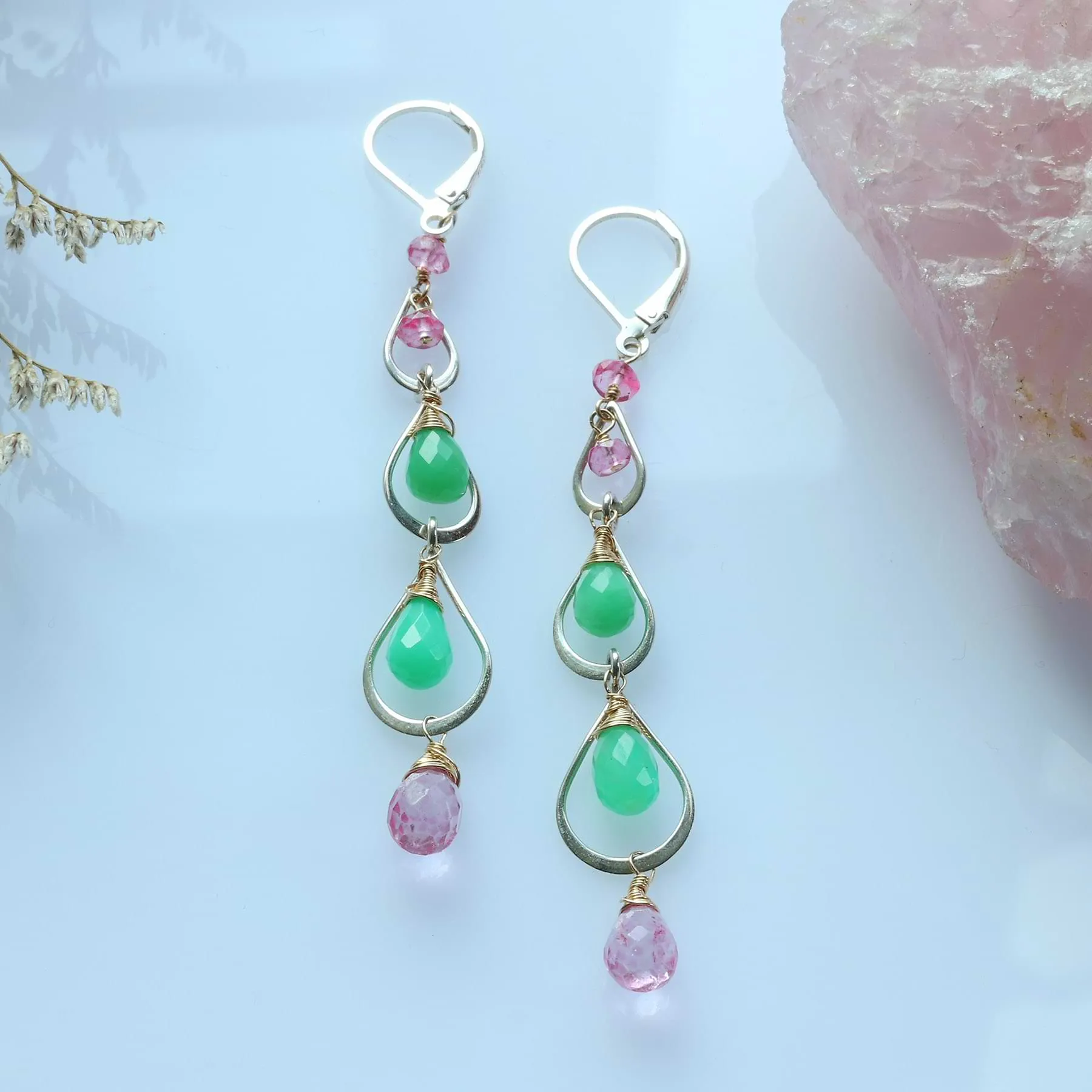 April Showers - Chrysoprase and Pink Topaz Silver Drop Earrings