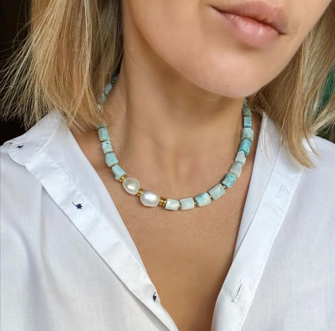 Aquamarine and Baroque Freshwater Pearl Necklace in 18K findings