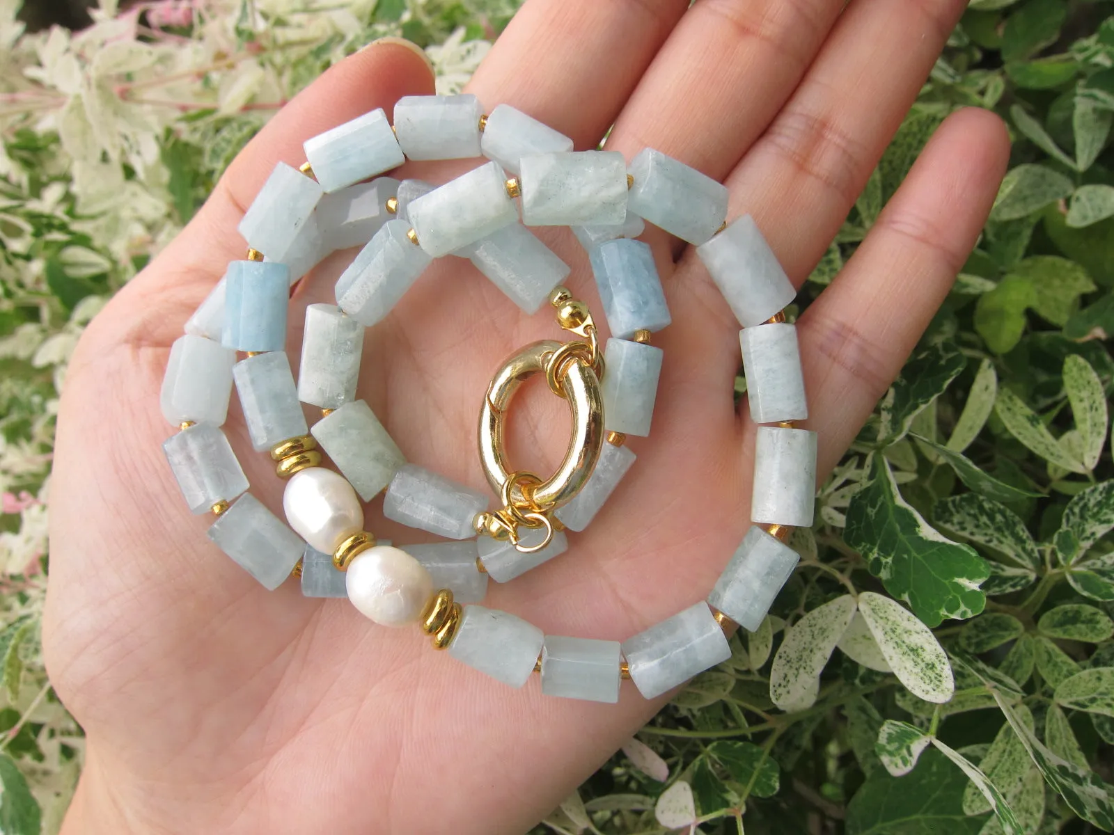 Aquamarine and Baroque Freshwater Pearl Necklace in 18K findings