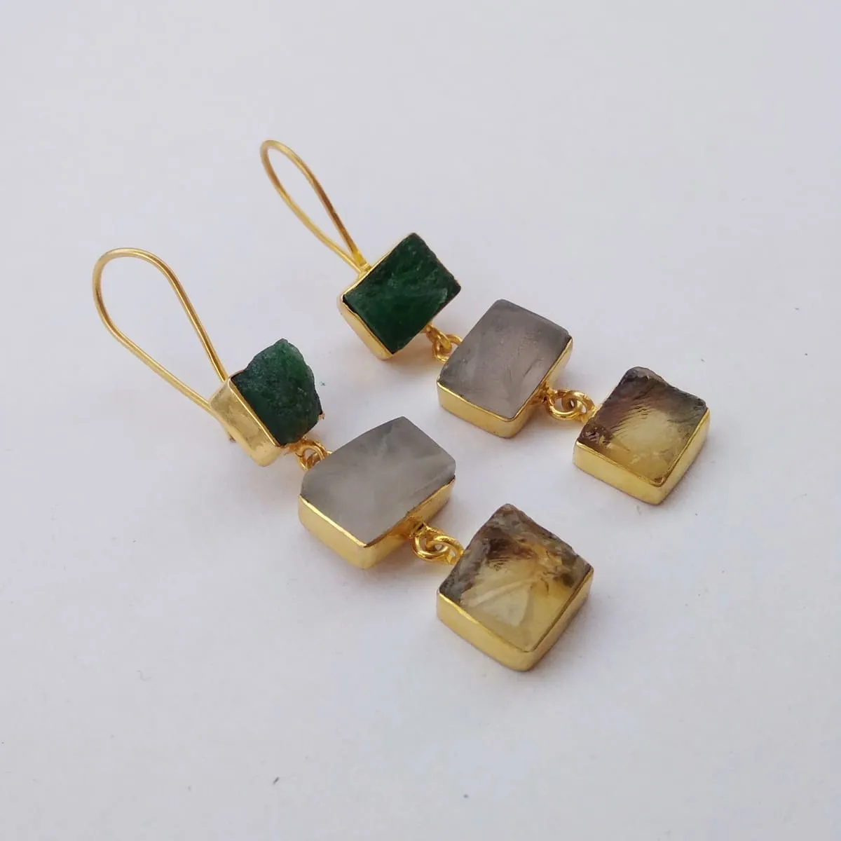 Aventurine, Crystal And Citrine Dangle Earrings With 18k Gold Plated