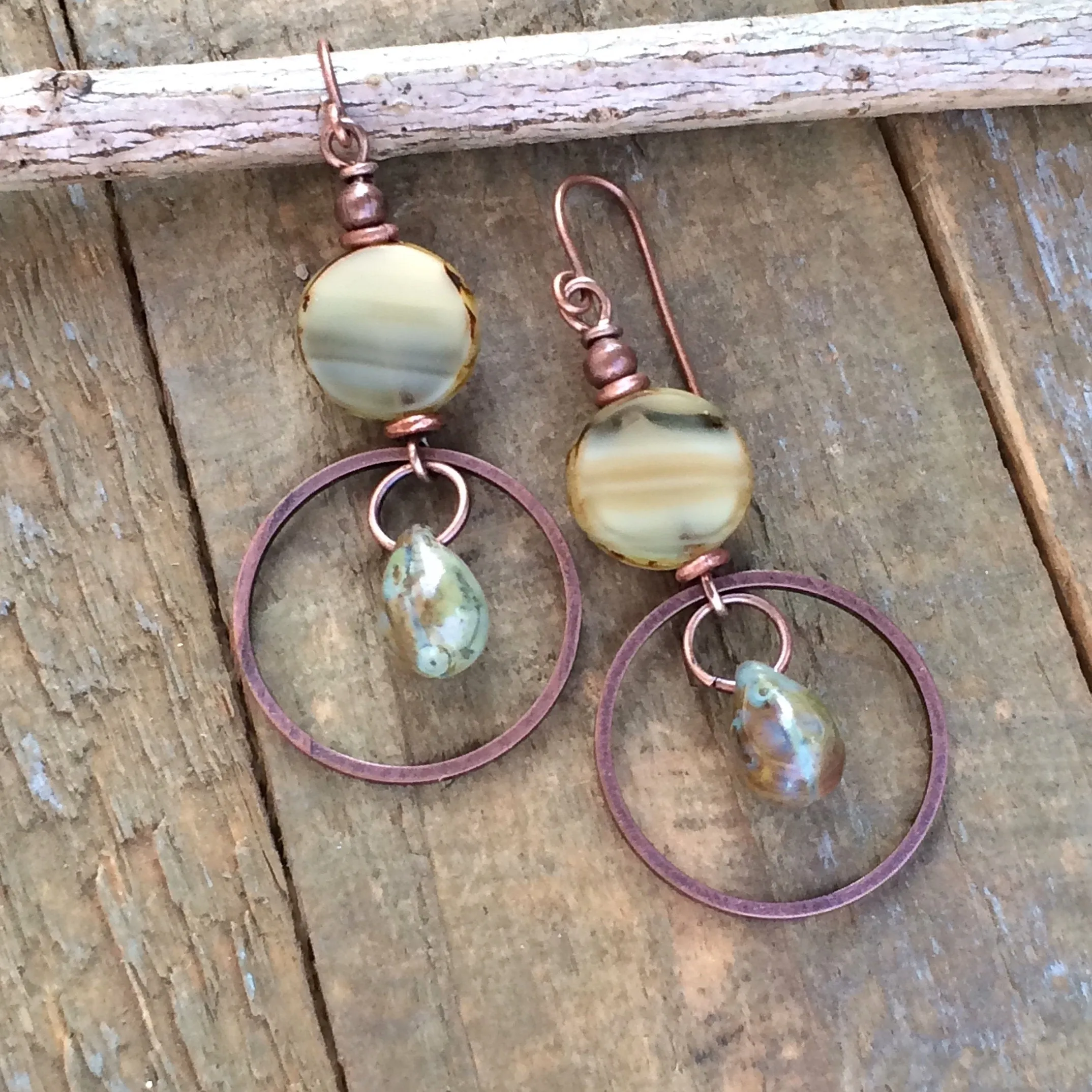 Beige Czech Glass Drop and Copper Earrings