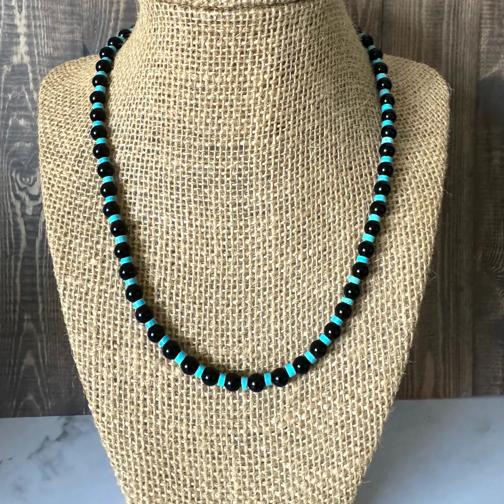 Black Onyx and Turquoise Rondelle Mens Beaded Necklace