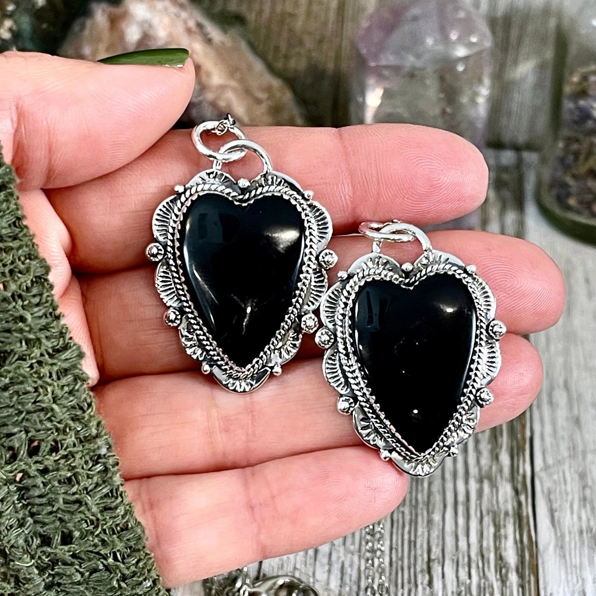 Black Onyx Crystal Heart Necklace in Sterling Silver  -Designed by FOXLARK Collection / Witchy Necklace Goth Jewelry