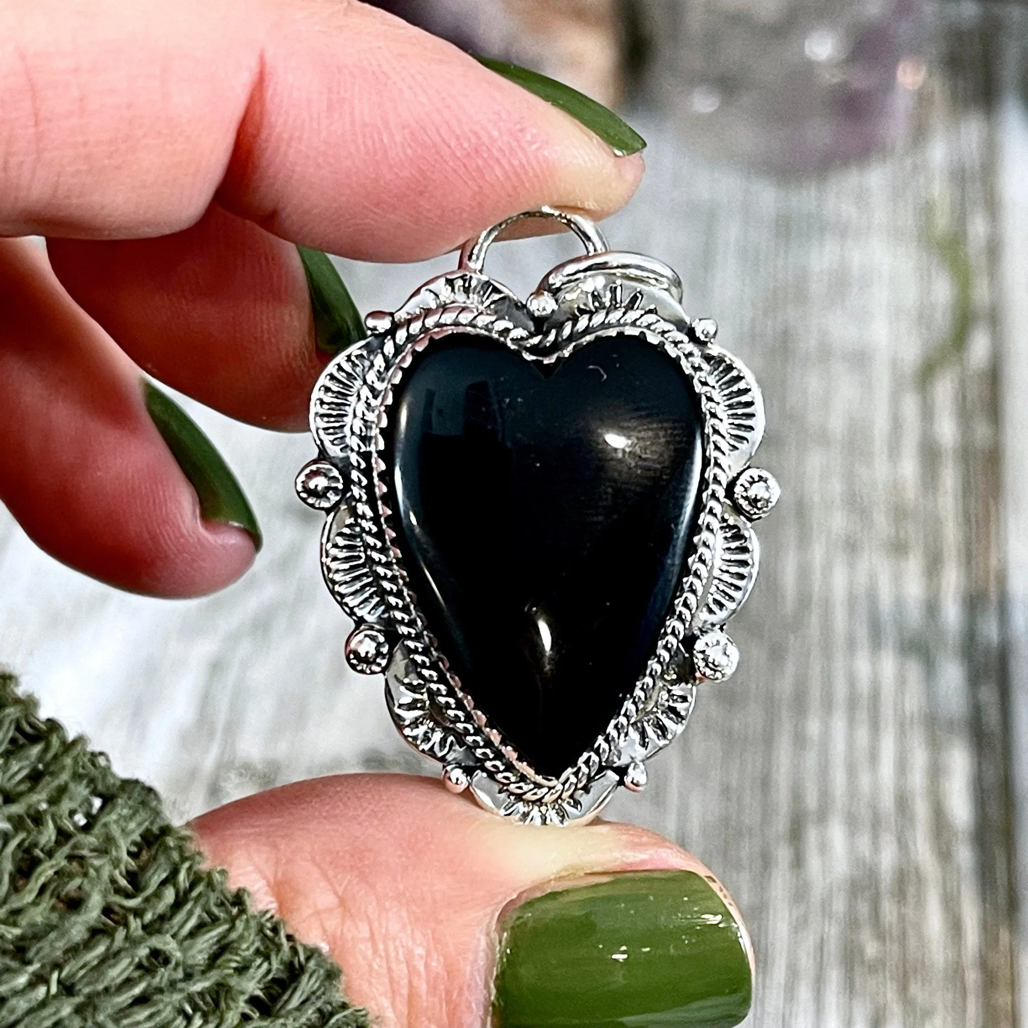 Black Onyx Crystal Heart Necklace in Sterling Silver  -Designed by FOXLARK Collection / Witchy Necklace Goth Jewelry