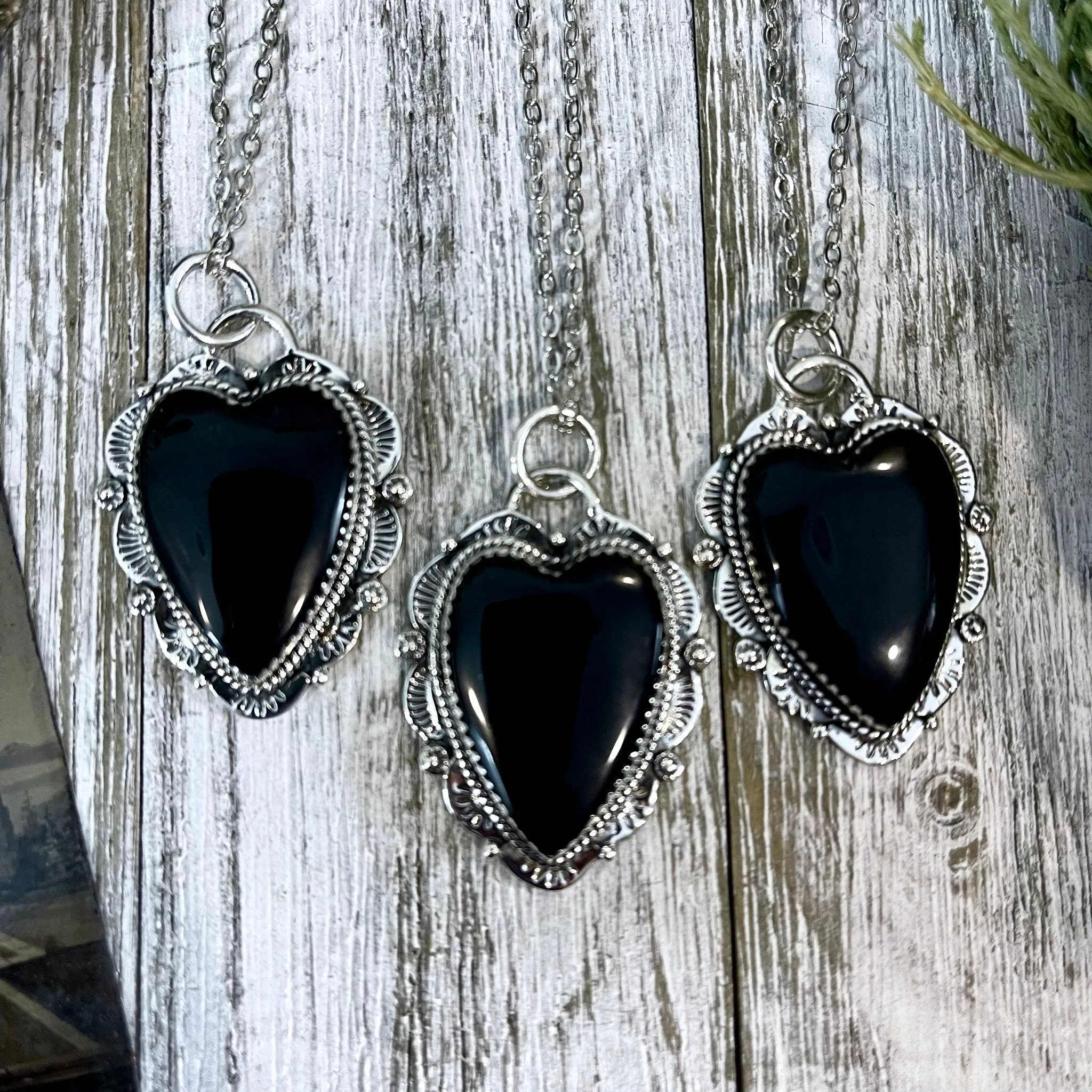 Black Onyx Crystal Heart Necklace in Sterling Silver  -Designed by FOXLARK Collection / Witchy Necklace Goth Jewelry