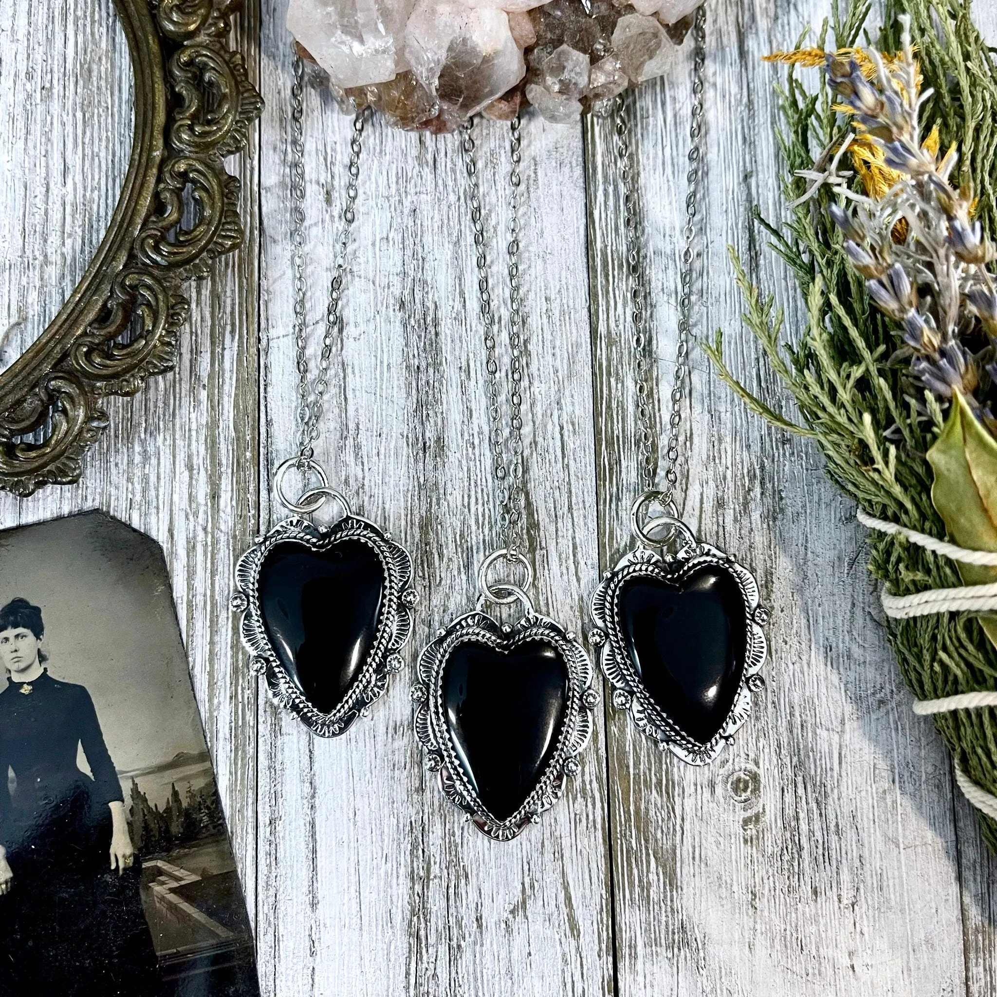 Black Onyx Crystal Heart Necklace in Sterling Silver  -Designed by FOXLARK Collection / Witchy Necklace Goth Jewelry