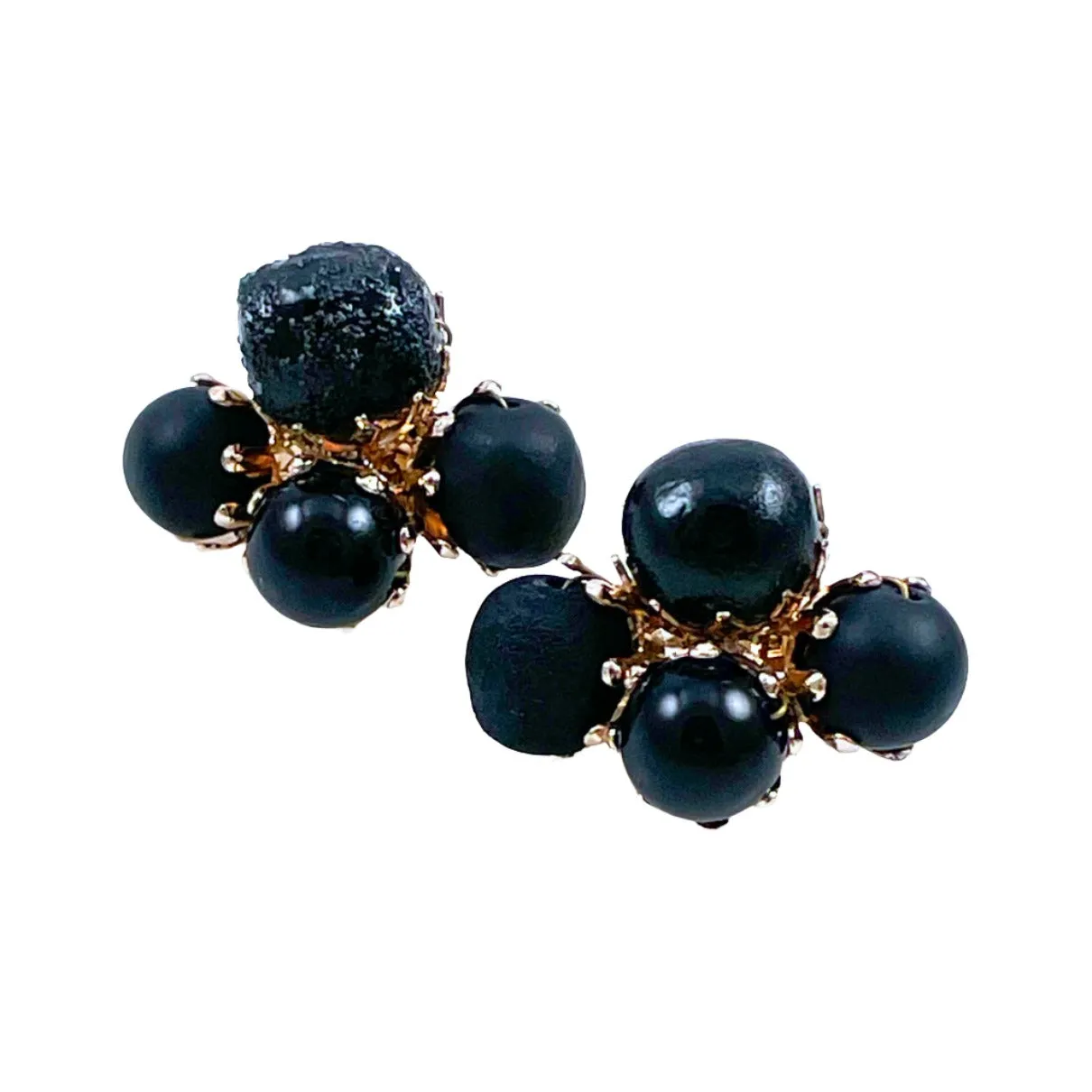 Black Vogue Beaded Clip On Earrings 1950's