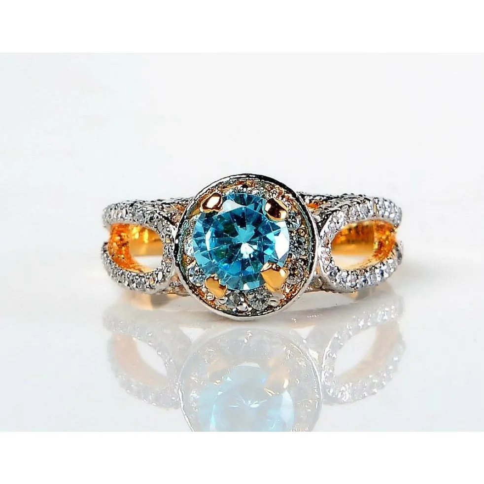 Blue Topaz Studded Zircon Gold Ring (925 Sterling Silver)