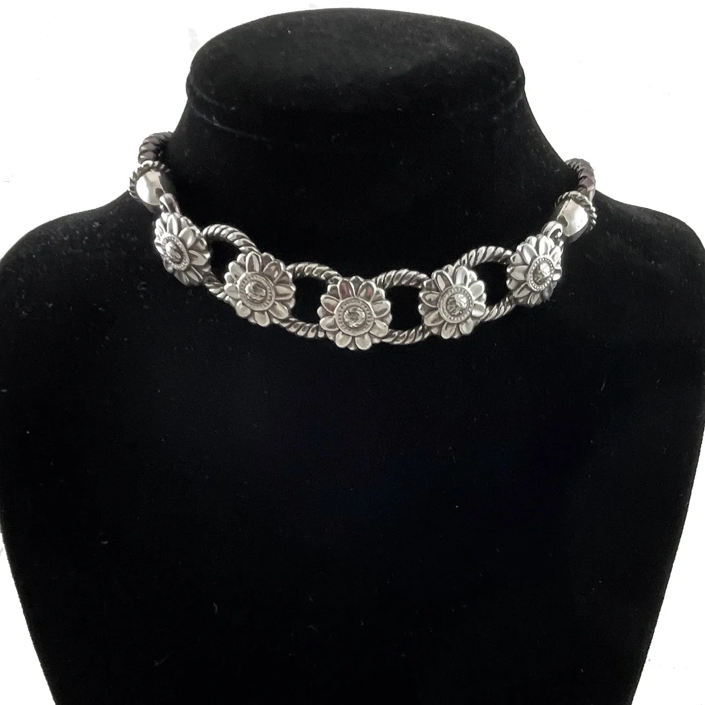 Brighton Silver & Leather Floral Choker Necklace Heart Tin