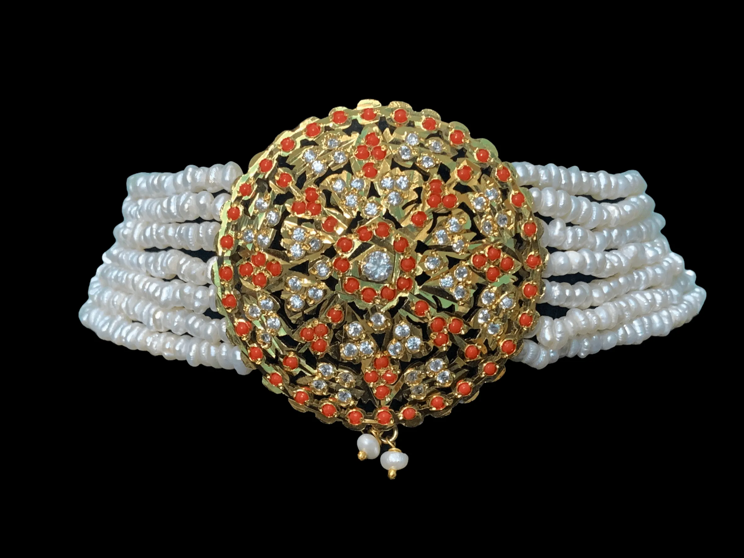 C180 coral  jadau choker in fresh water pearls ( SHIPS IN 4 WEEKS)