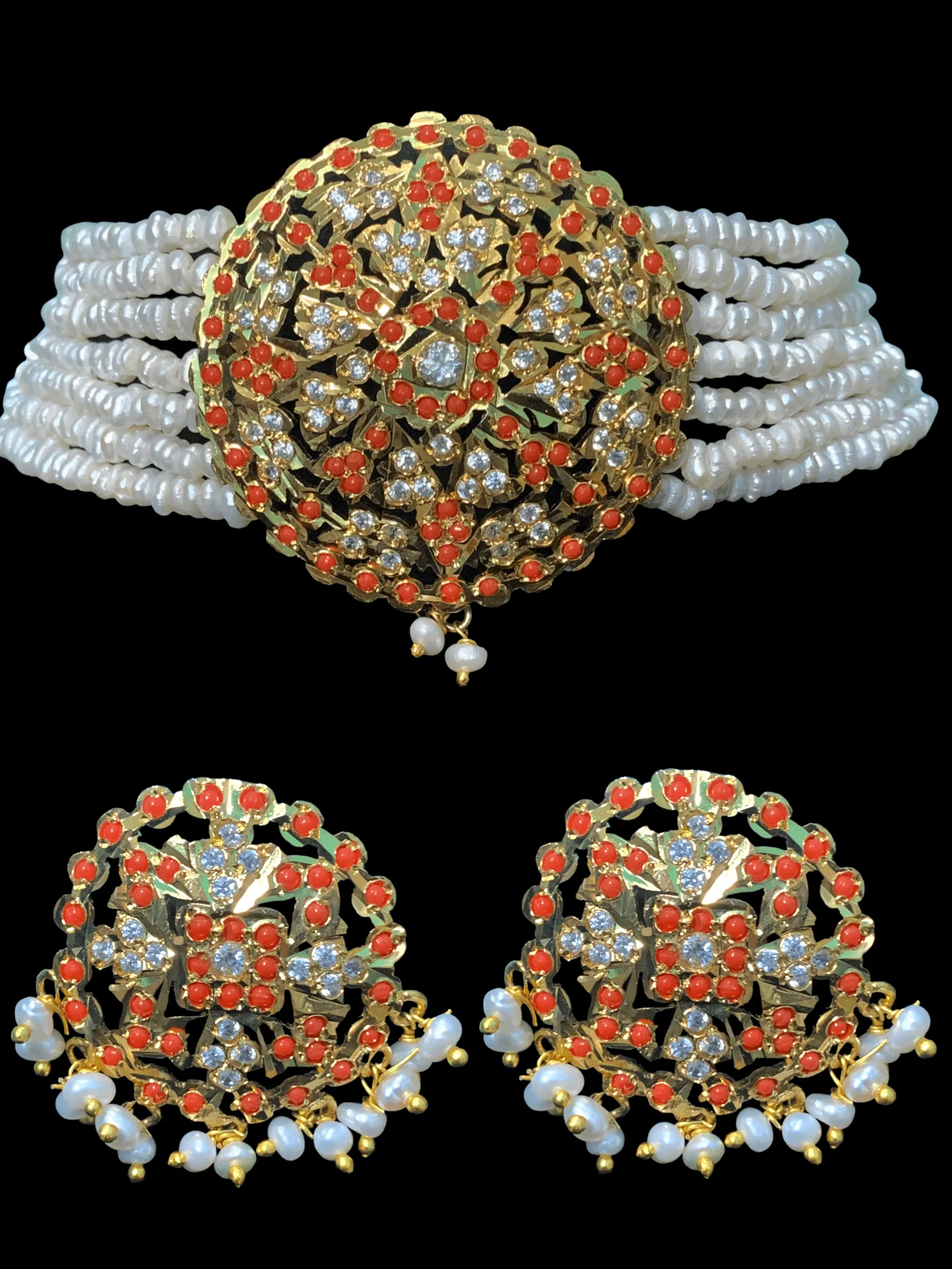 C180 coral  jadau choker in fresh water pearls ( SHIPS IN 4 WEEKS)