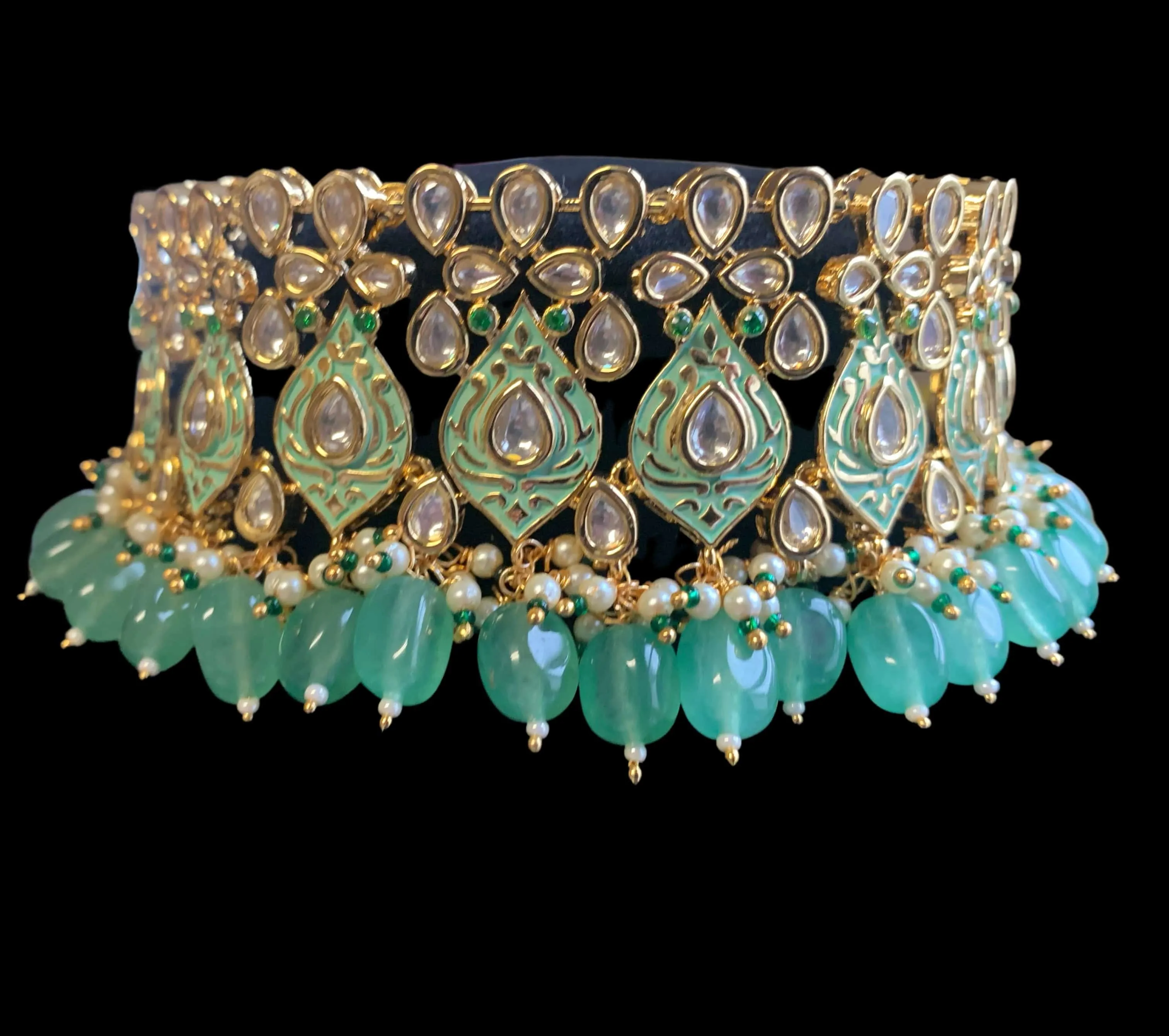 C221 Shagun choker earrings in green ( kundan  with meenakari)  (READY TO SHIP )