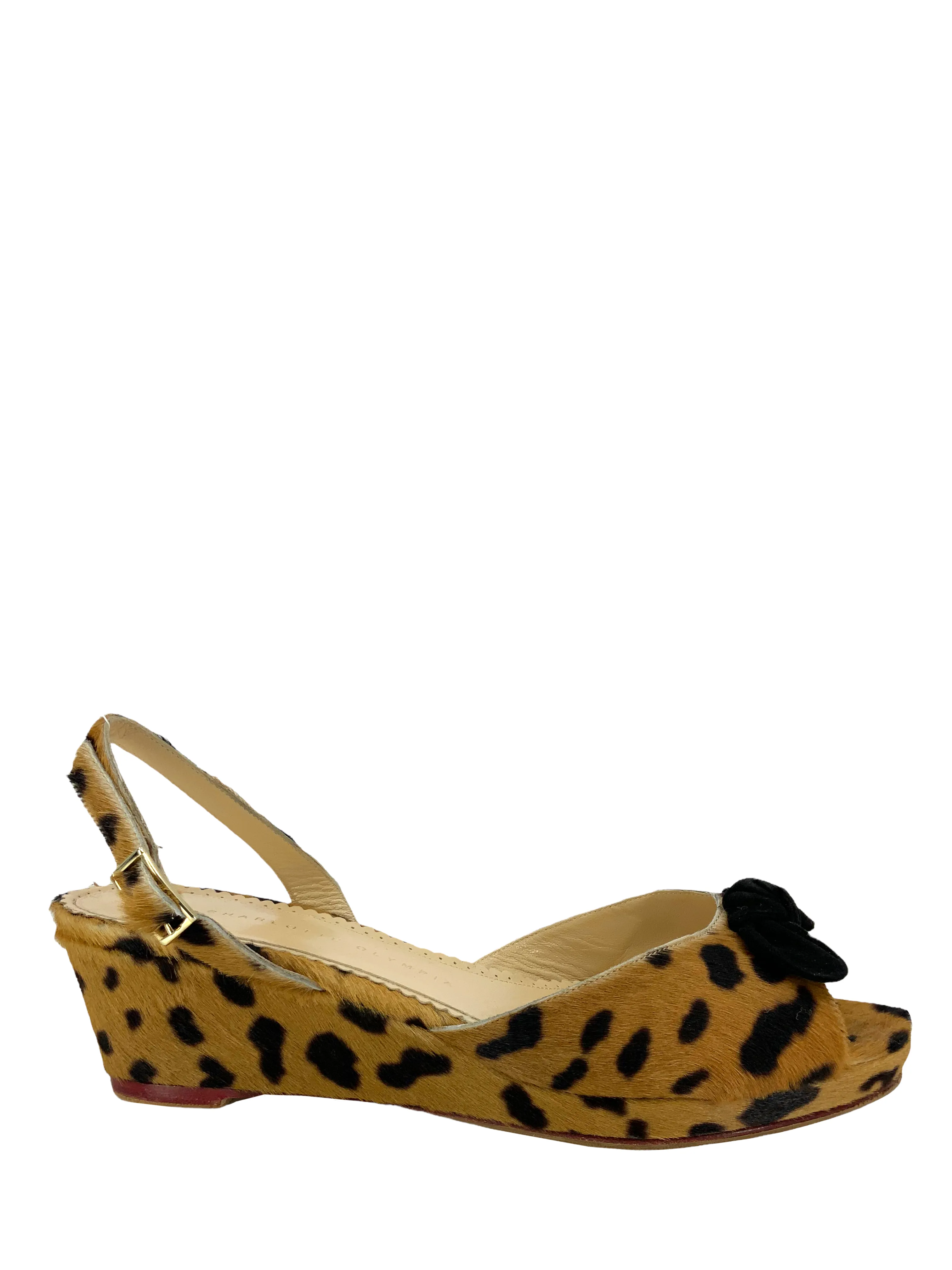 Charlotte Olympia Leopard Print Calf Hair Slingback Wedges Size 11