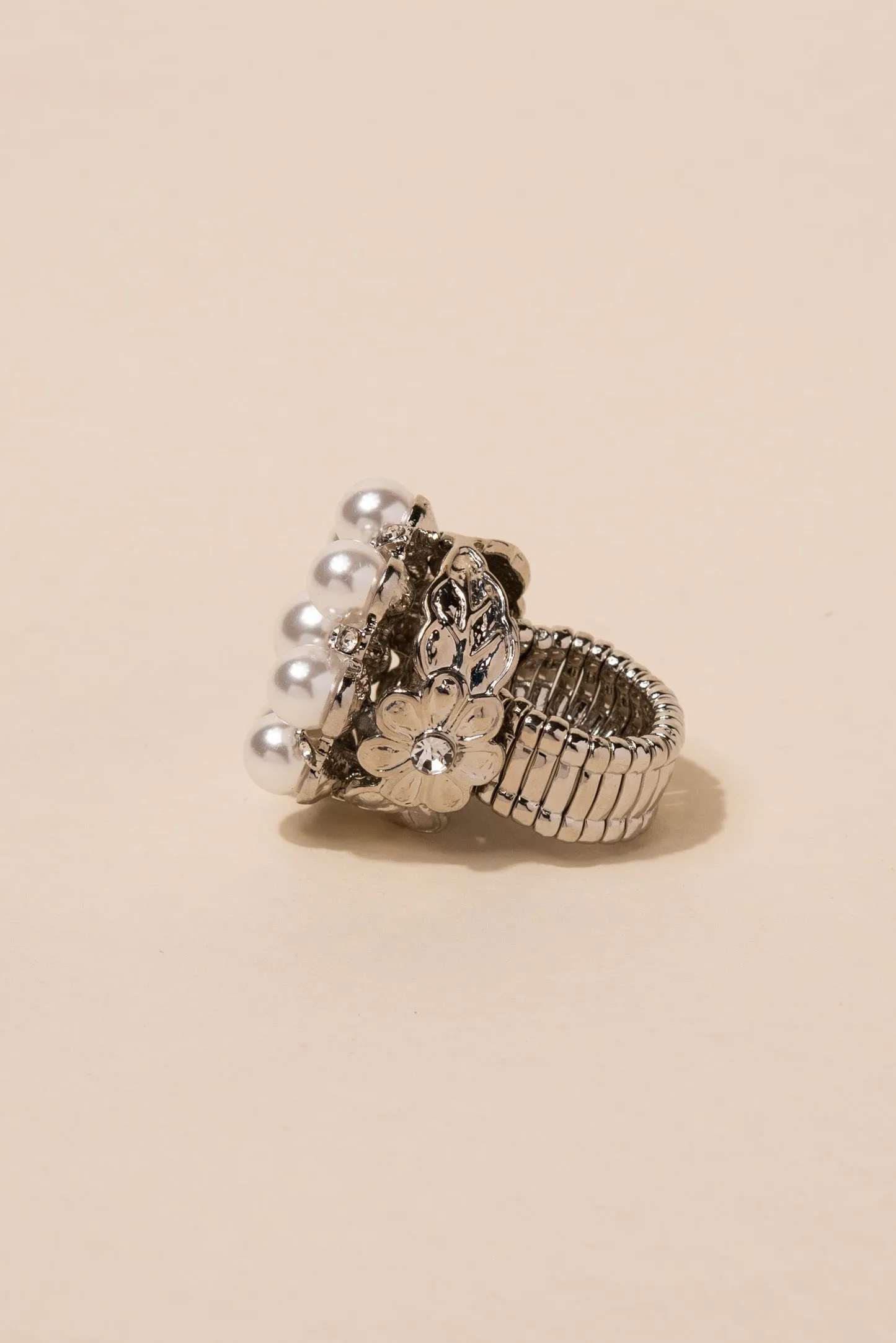 Crowned Jewel Pearl & Rhinestone Floral Stretch Ring - Gold