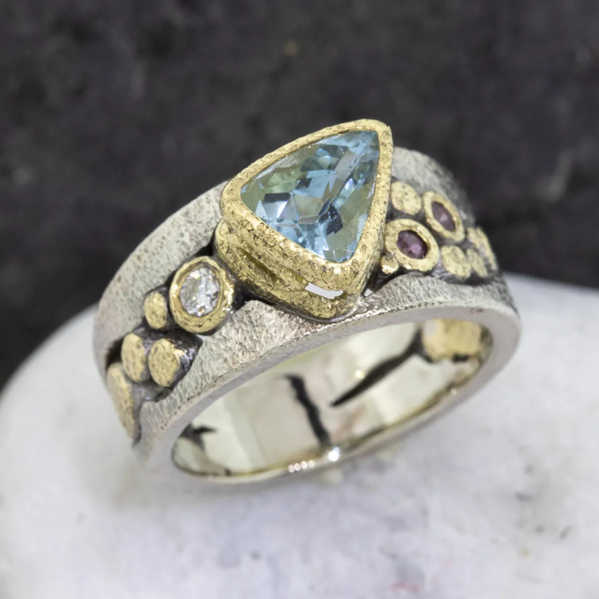 Custom River Pebbles Trillion Cut Aquamarine Ring- SF