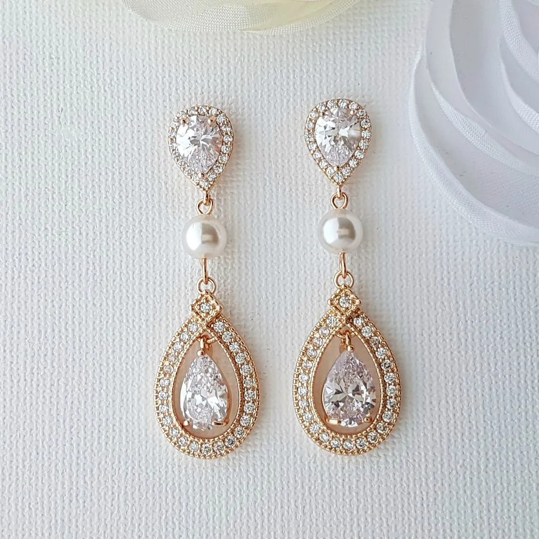 CZ Clip On Bridal Earrings in Rose Gold - Sarah