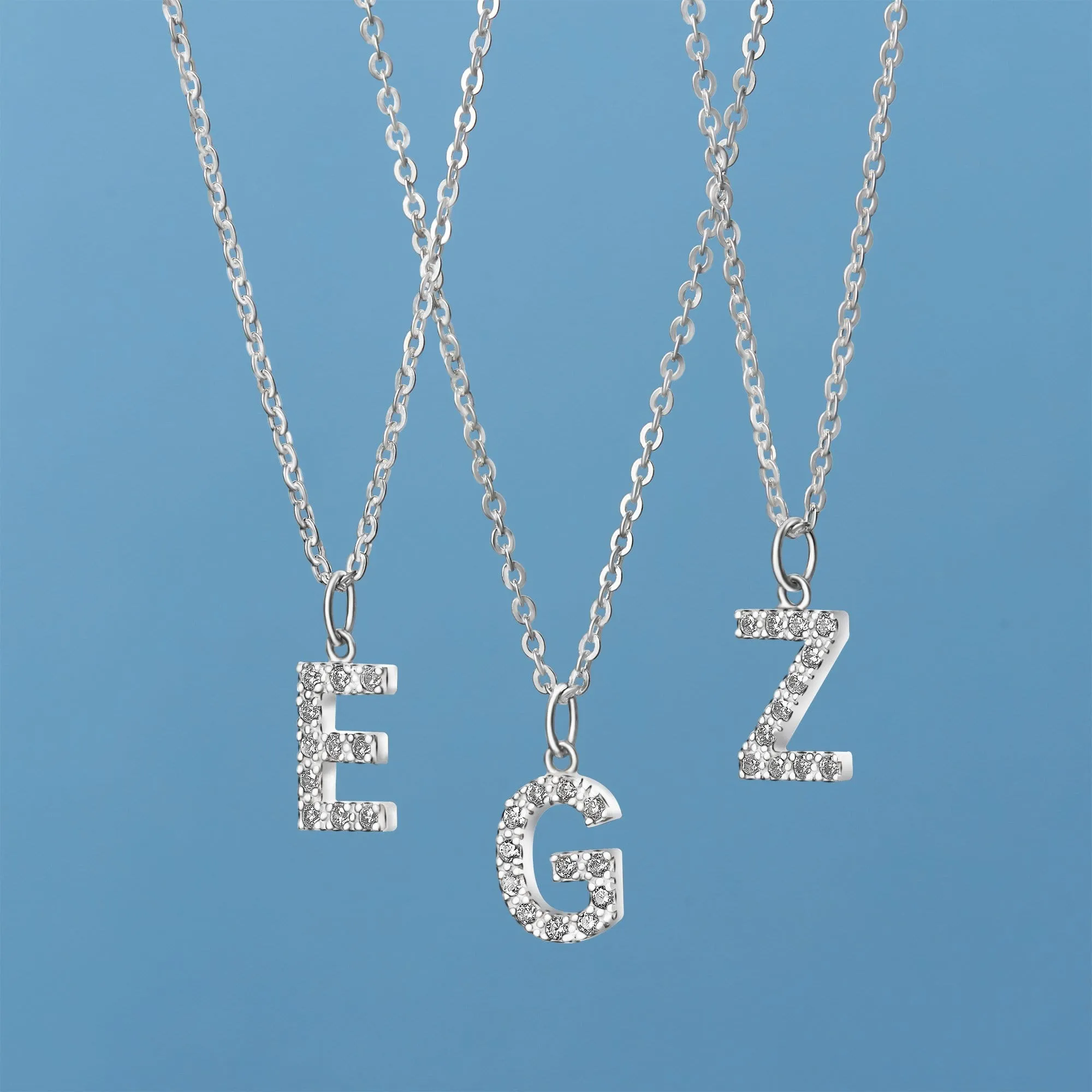 CZ Initial Necklaces Sterling Silver, 16-18