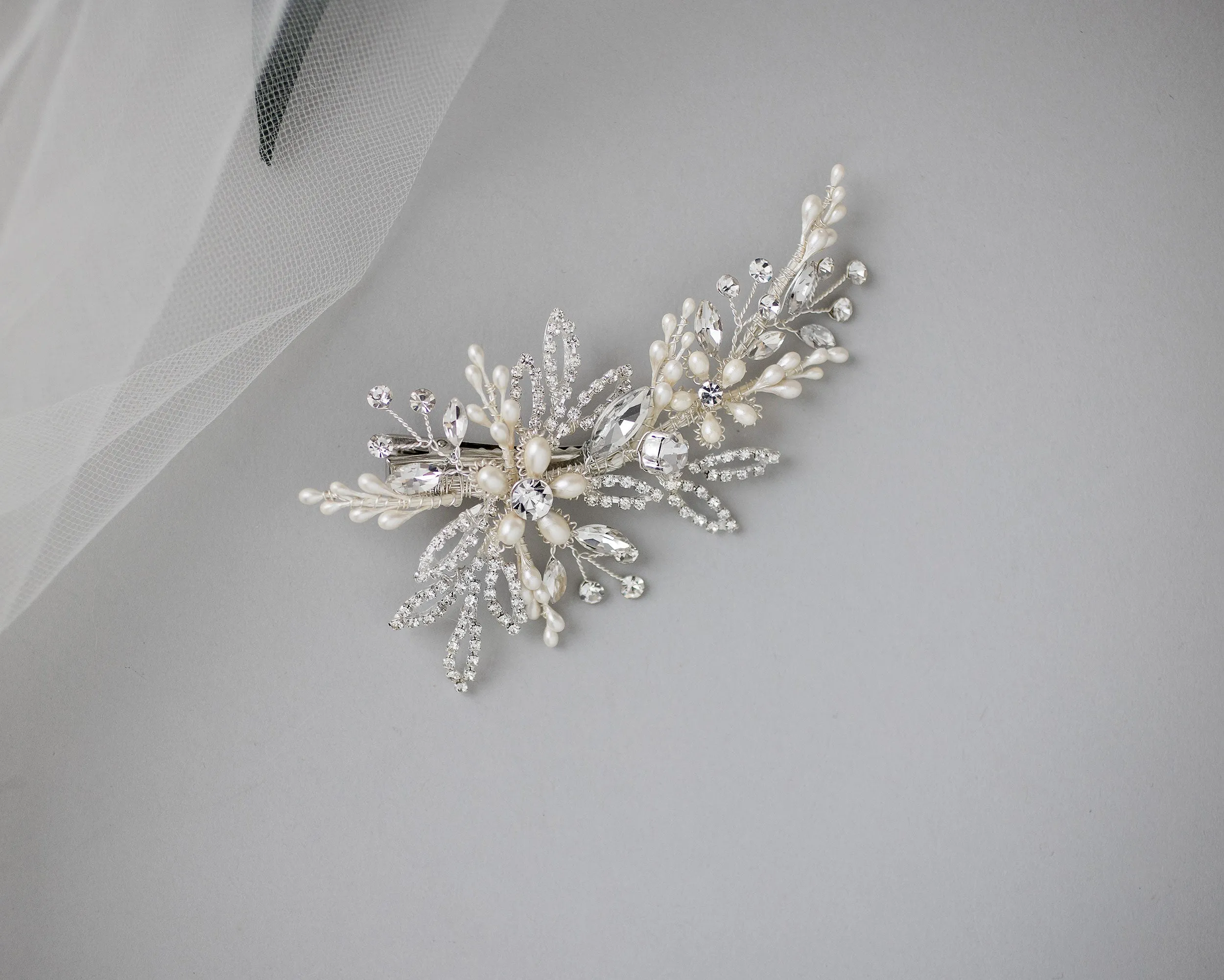 Delicate Pearl Wedding Hair Clip in Silver