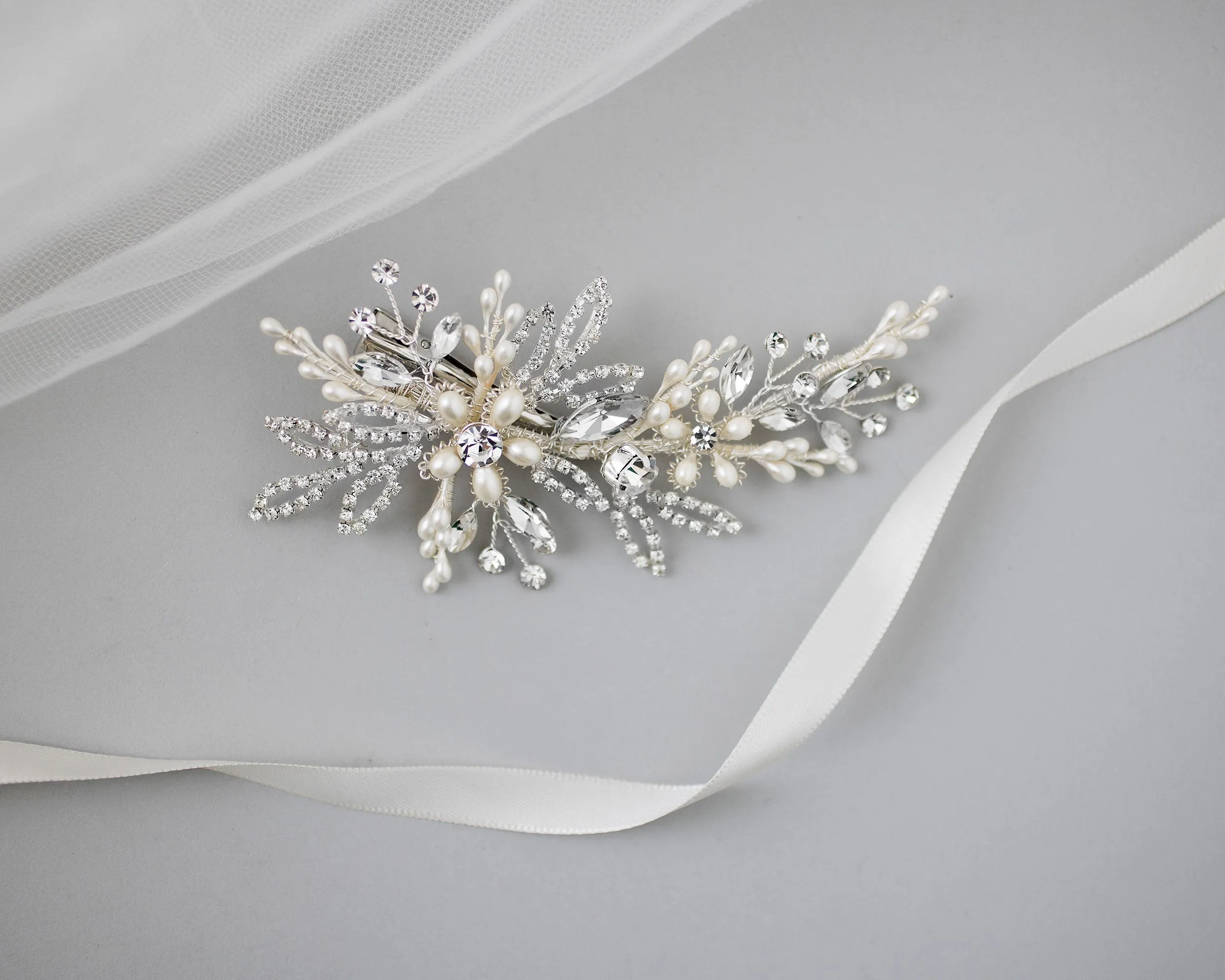 Delicate Pearl Wedding Hair Clip in Silver