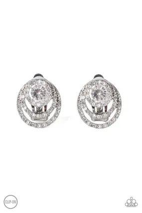 Epic Epicenter White Rhinestone Clip-On Earrings - Paparazzi Accessories