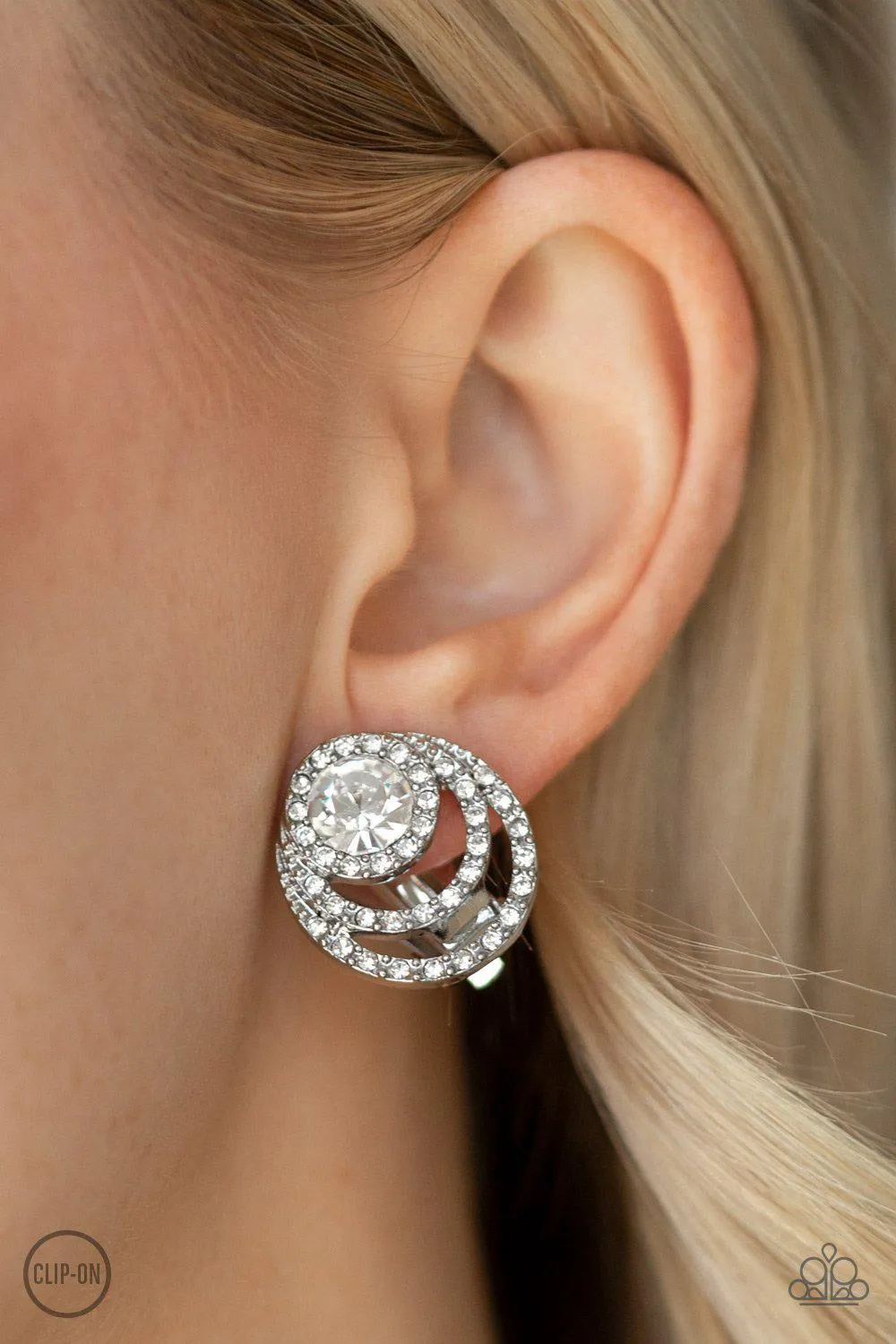 Epic Epicenter White Rhinestone Clip-On Earrings - Paparazzi Accessories