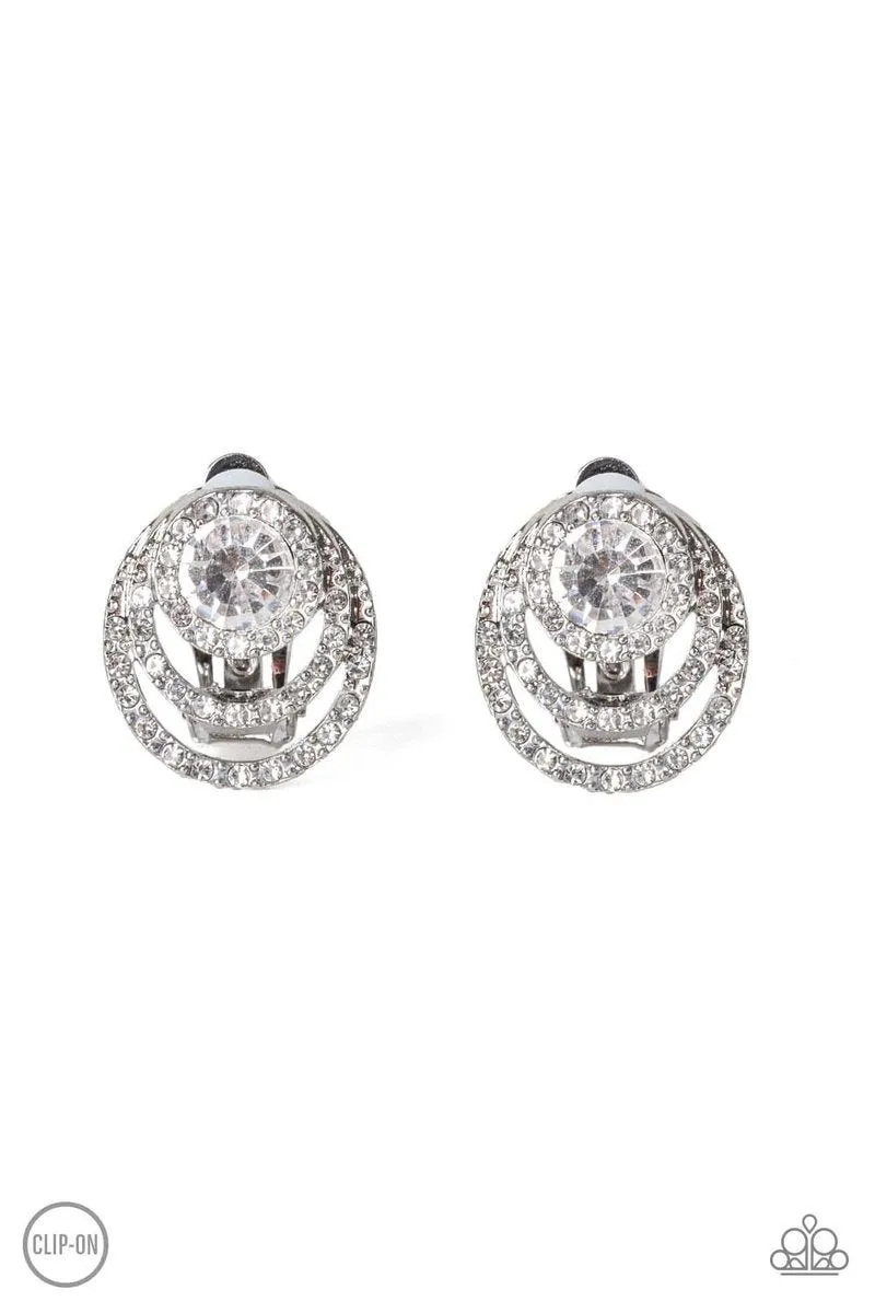 Epic Epicenter White Rhinestone Clip-On Earrings - Paparazzi Accessories