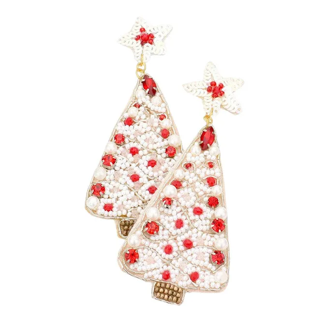 Felt Back Multi Beaded Christmas Tree Dangle Earrings