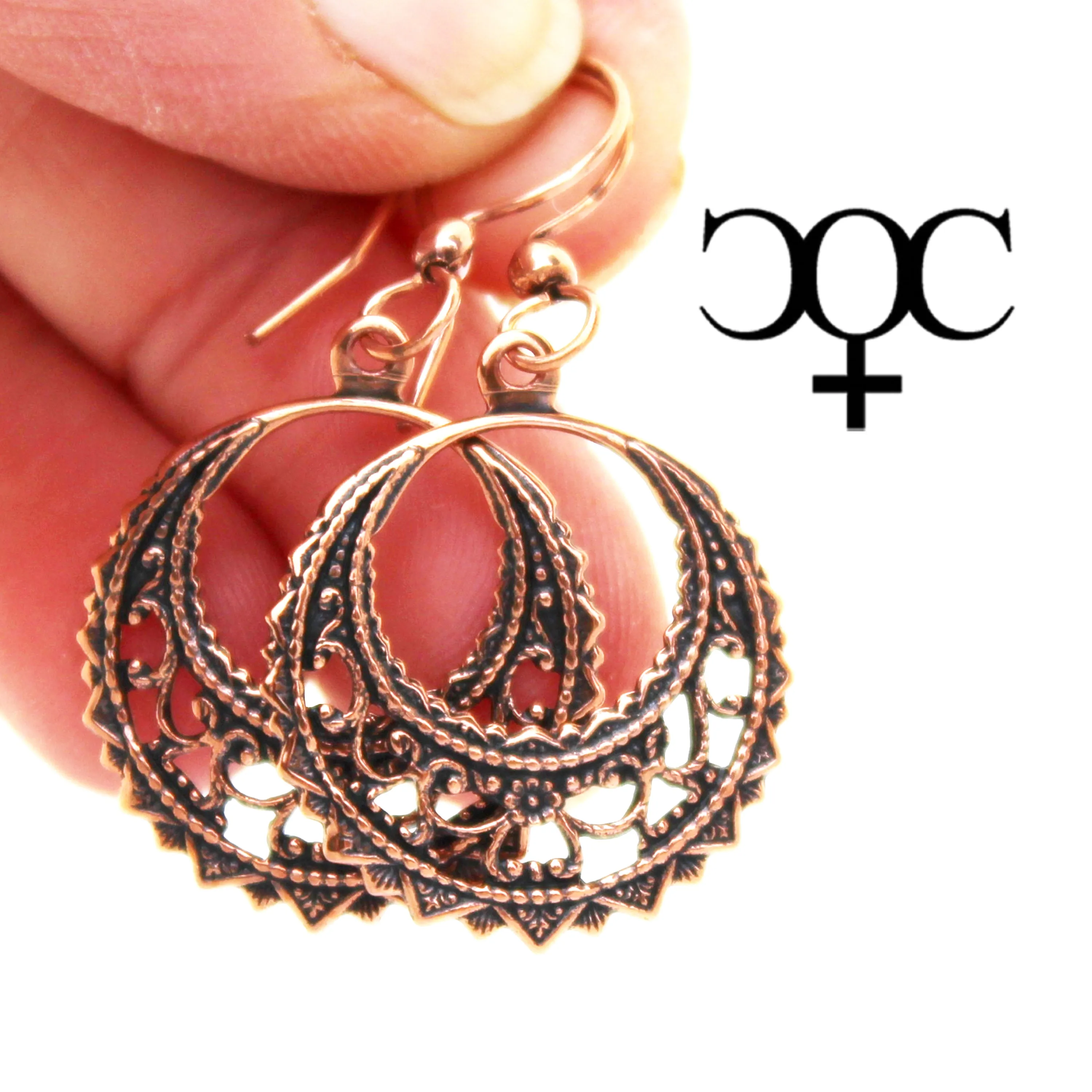 Filigree Crescent Copper Hoop Earrings EC48 Solid Copper Drop Earrings