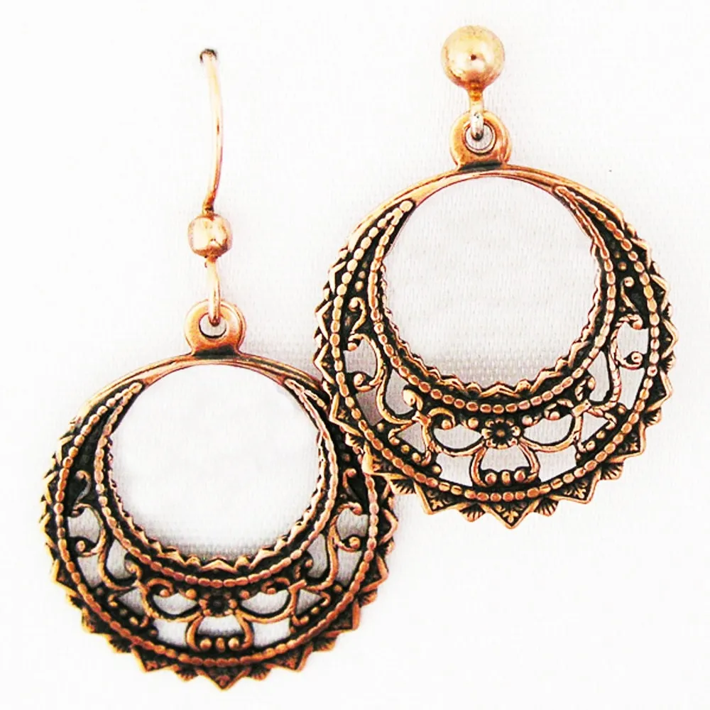 Filigree Crescent Copper Hoop Earrings EC48 Solid Copper Drop Earrings