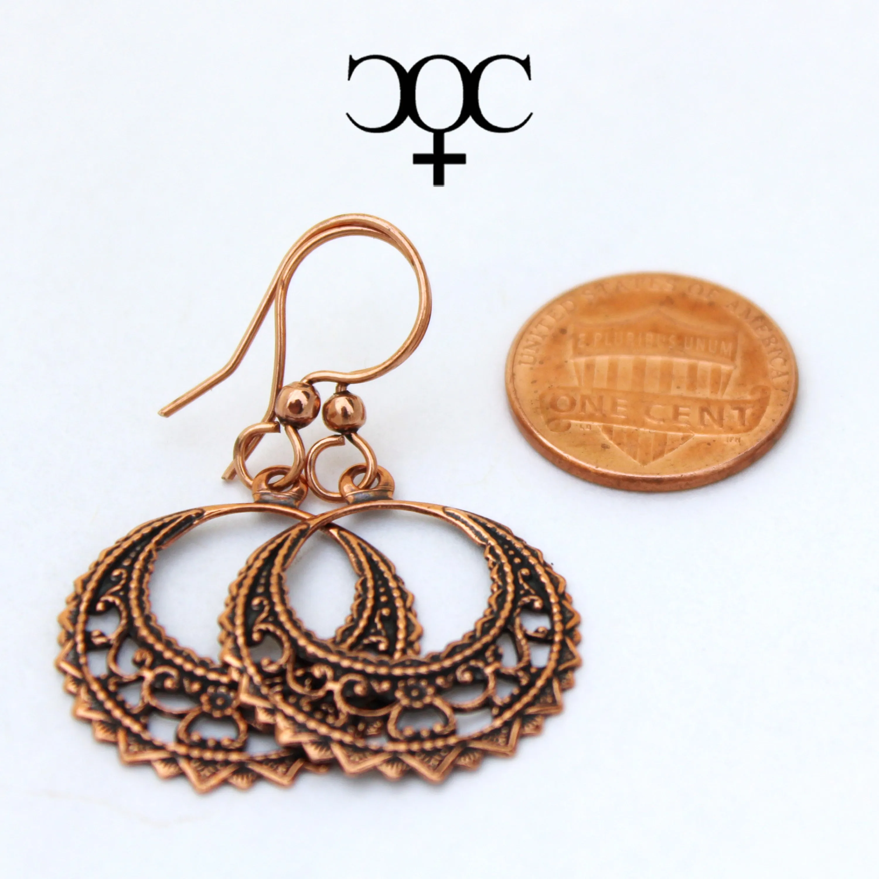 Filigree Crescent Copper Hoop Earrings EC48 Solid Copper Drop Earrings