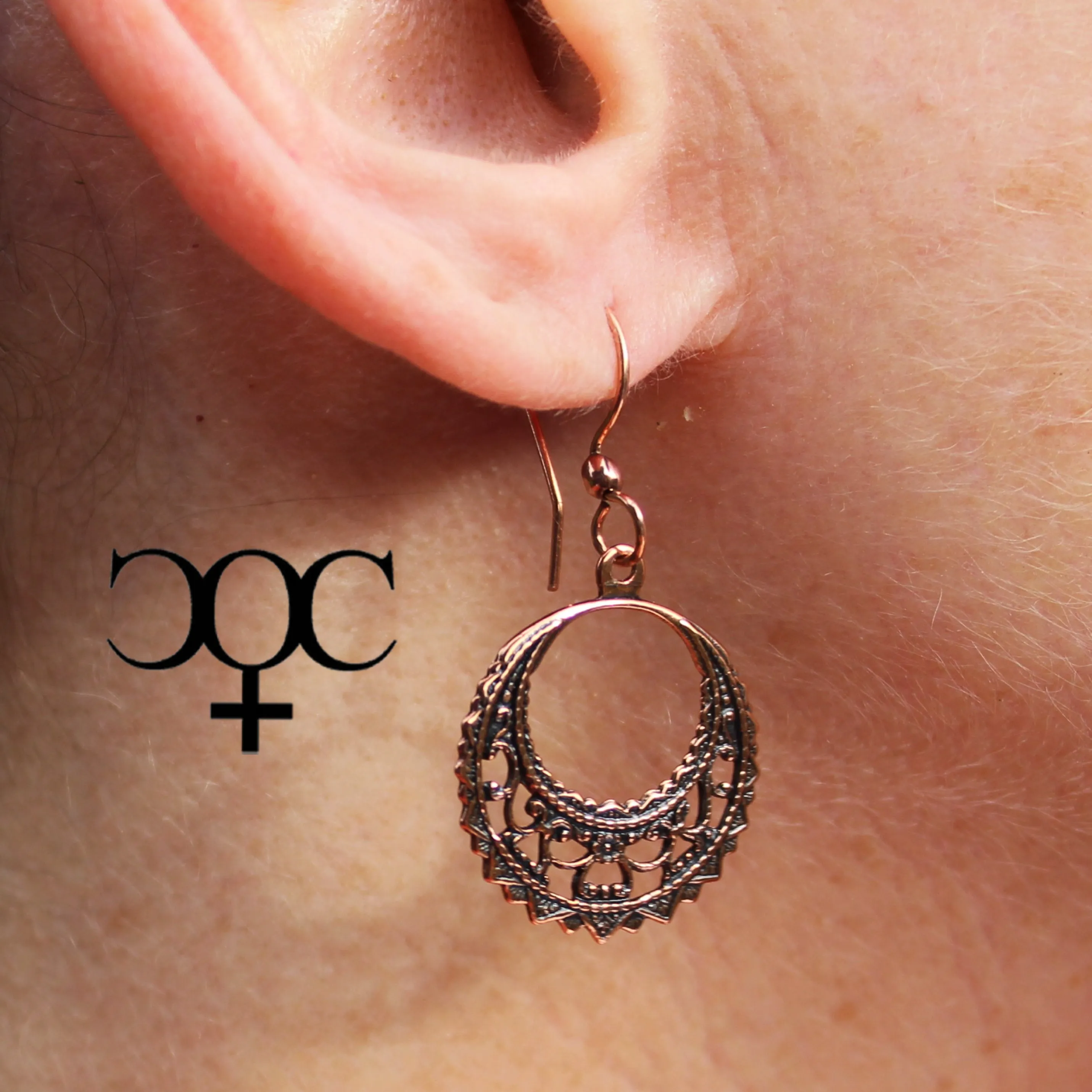 Filigree Crescent Copper Hoop Earrings EC48 Solid Copper Drop Earrings