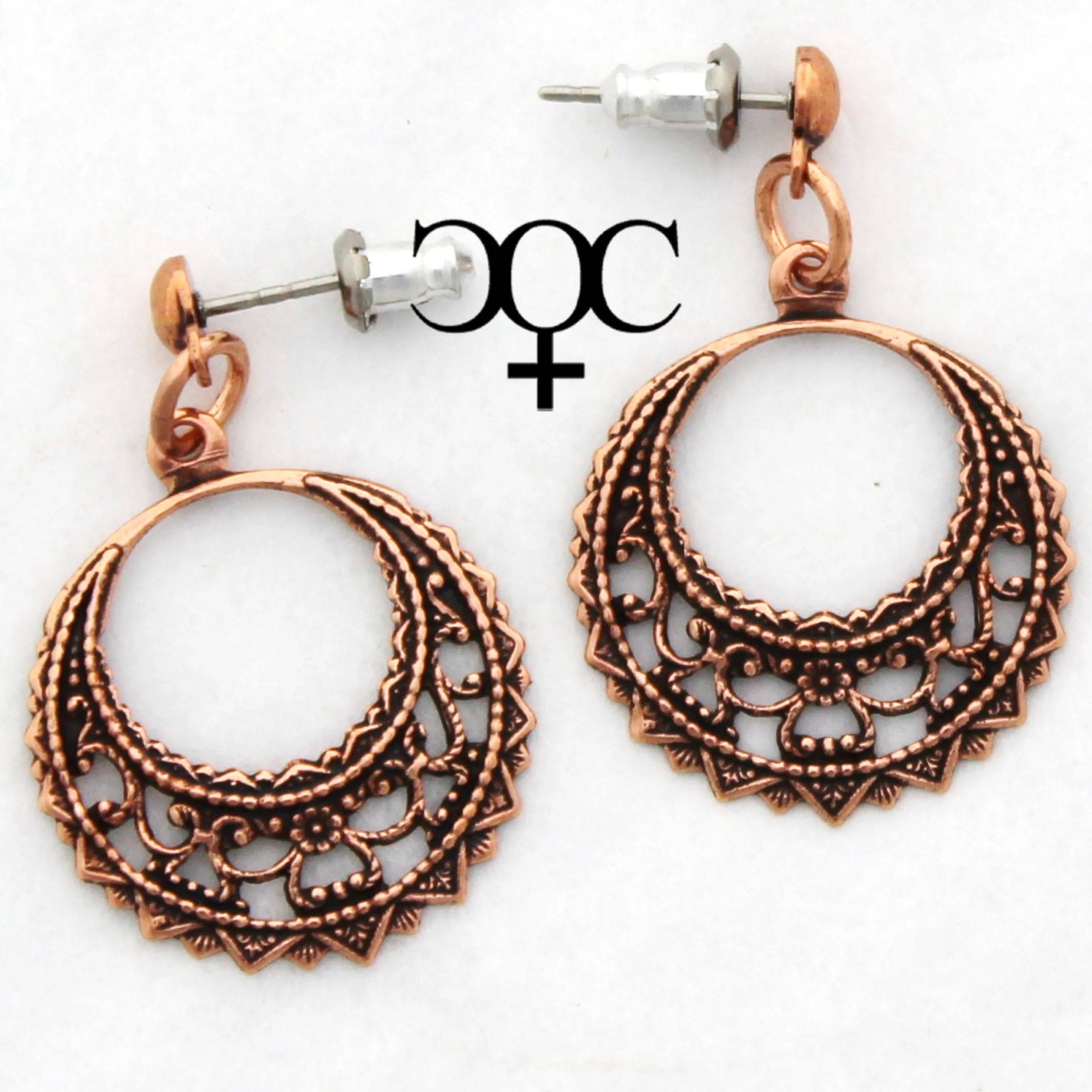 Filigree Crescent Copper Hoop Earrings EC48 Solid Copper Drop Earrings