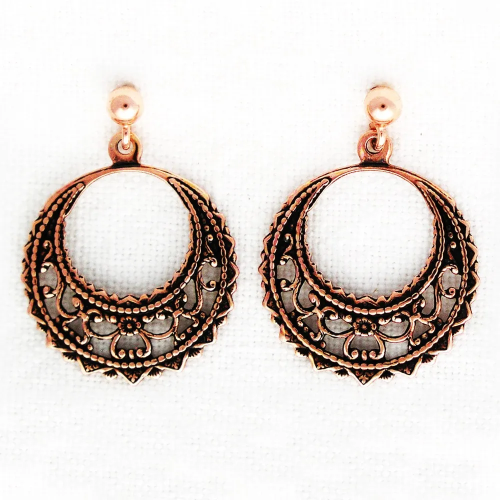 Filigree Crescent Copper Hoop Earrings EC48 Solid Copper Drop Earrings