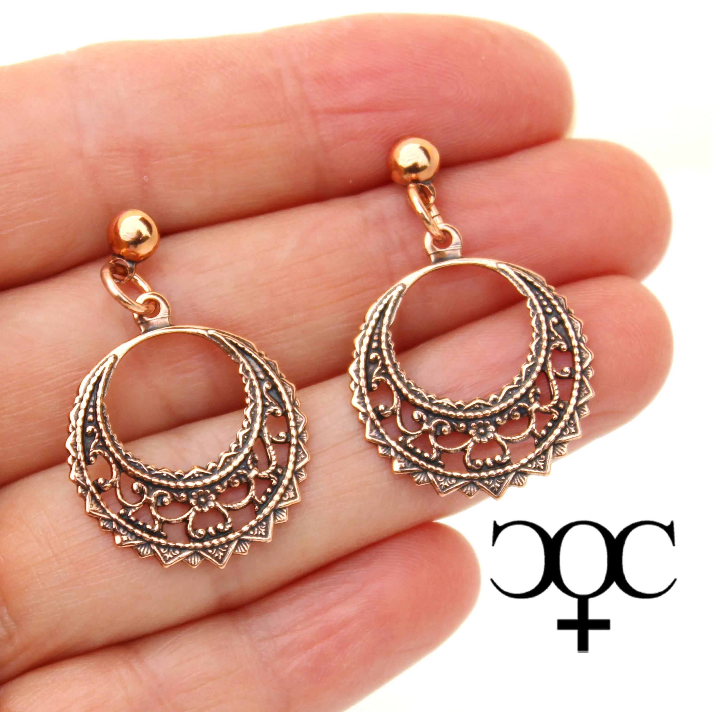 Filigree Crescent Copper Hoop Earrings EC48 Solid Copper Drop Earrings