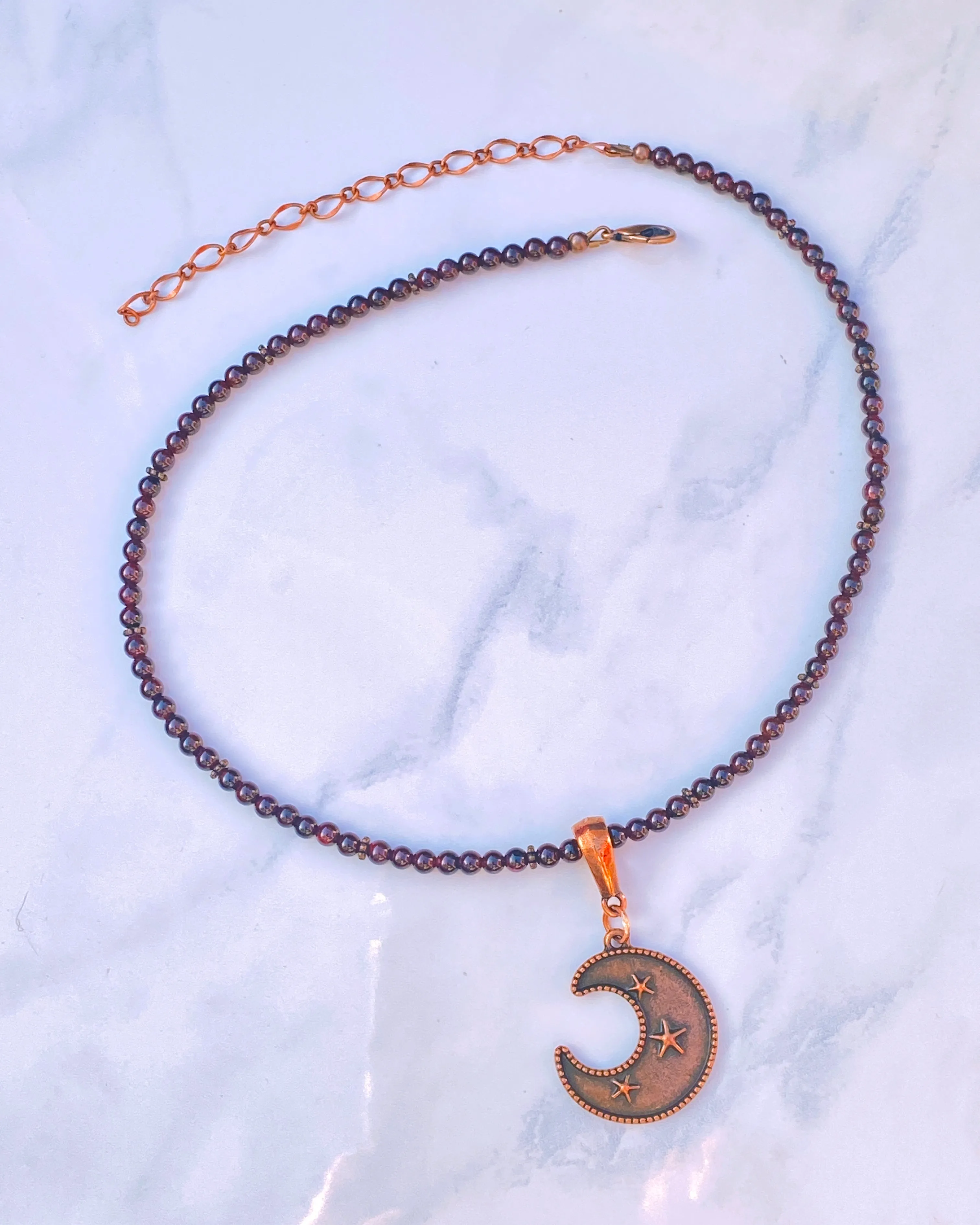 Garnet and Copper Moon Beaded Necklace