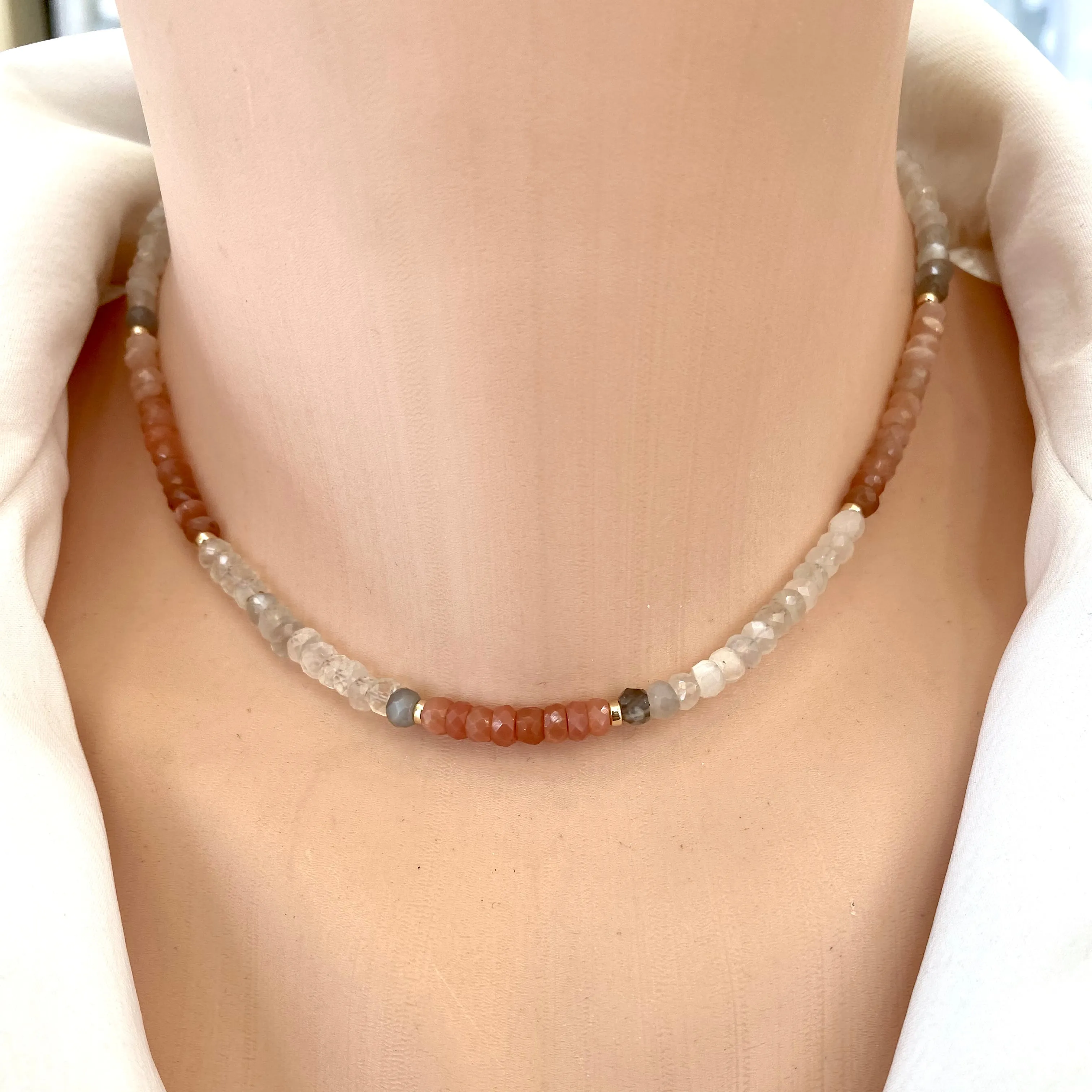 Genuine Multi Moonstone Choker Necklace with 14k gold filled Toggle Closure, 15in, June Birthstone