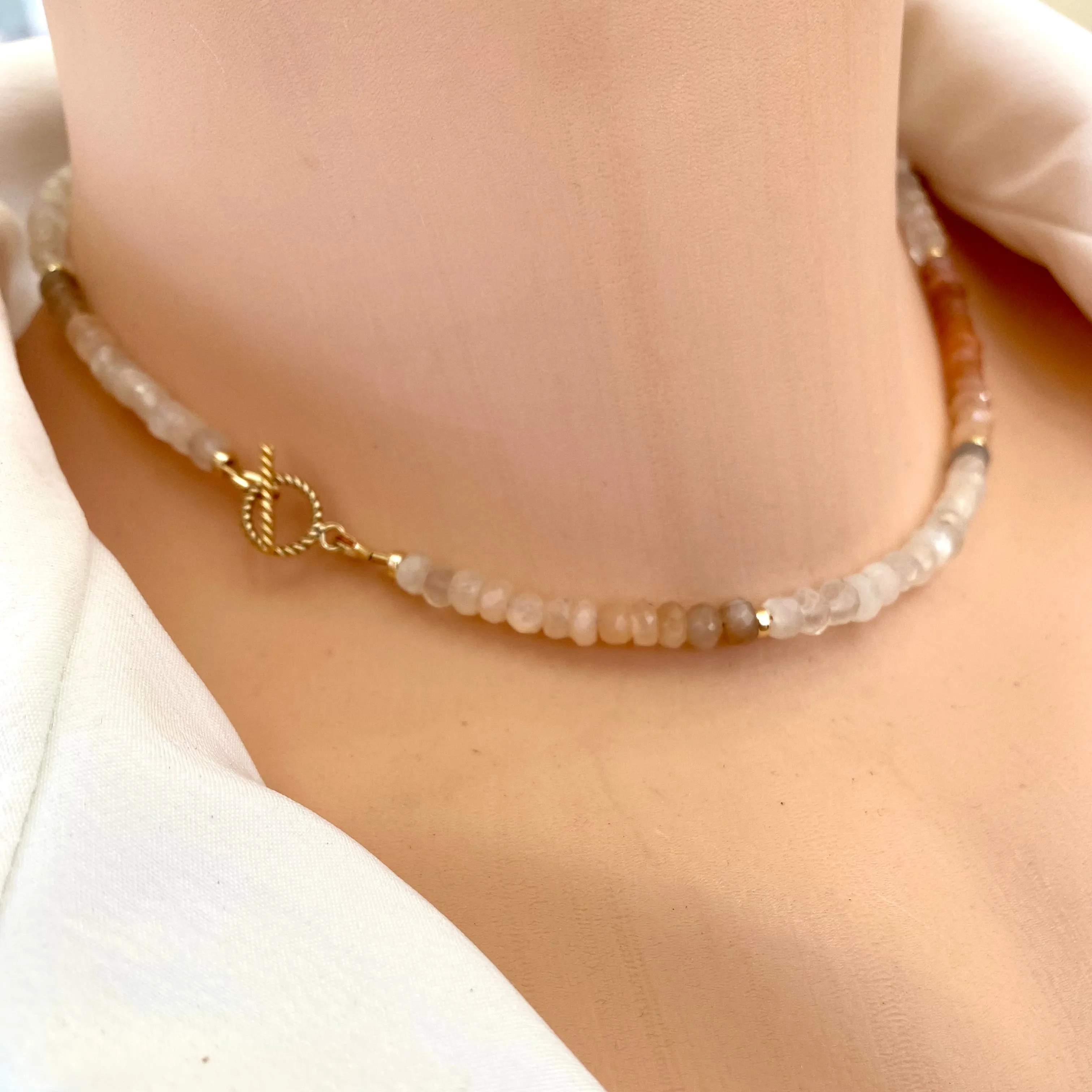 Genuine Multi Moonstone Choker Necklace with 14k gold filled Toggle Closure, 15in, June Birthstone