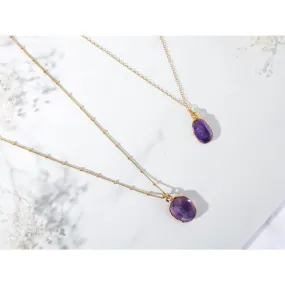 Geo Raw Amethyst Necklace, Gold Filled Beaded Chain, 24k Dip, Raw Gemstone Crystal Pendant, Ships Fast, Made in USA • 24k Dip