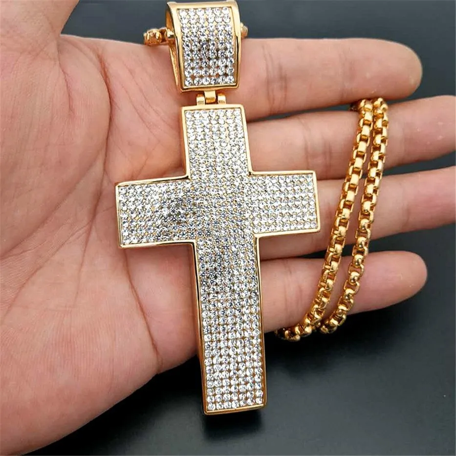 Gold IP-Plated Stainless-Steel Iced Cross Pendant Necklace