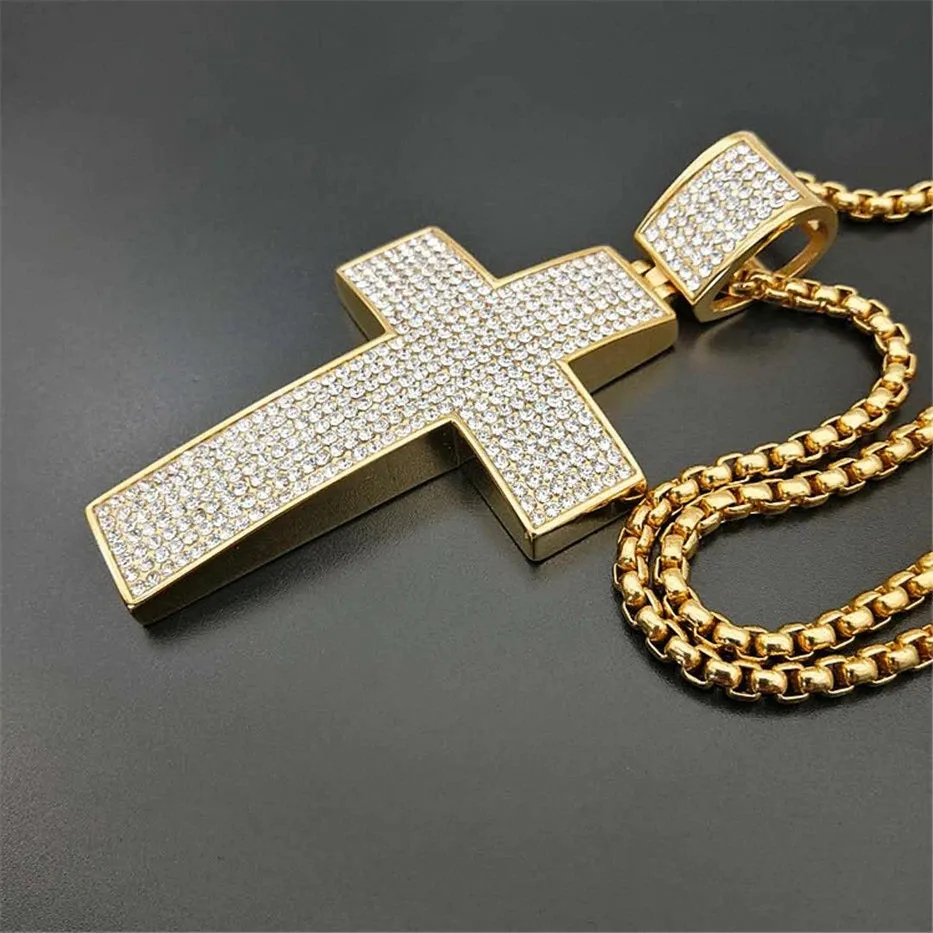 Gold IP-Plated Stainless-Steel Iced Cross Pendant Necklace