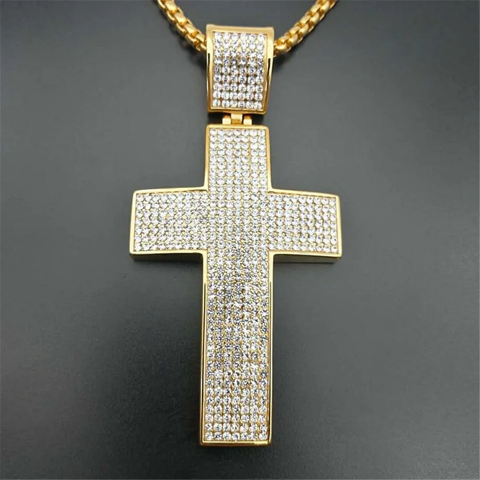 Gold IP-Plated Stainless-Steel Iced Cross Pendant Necklace