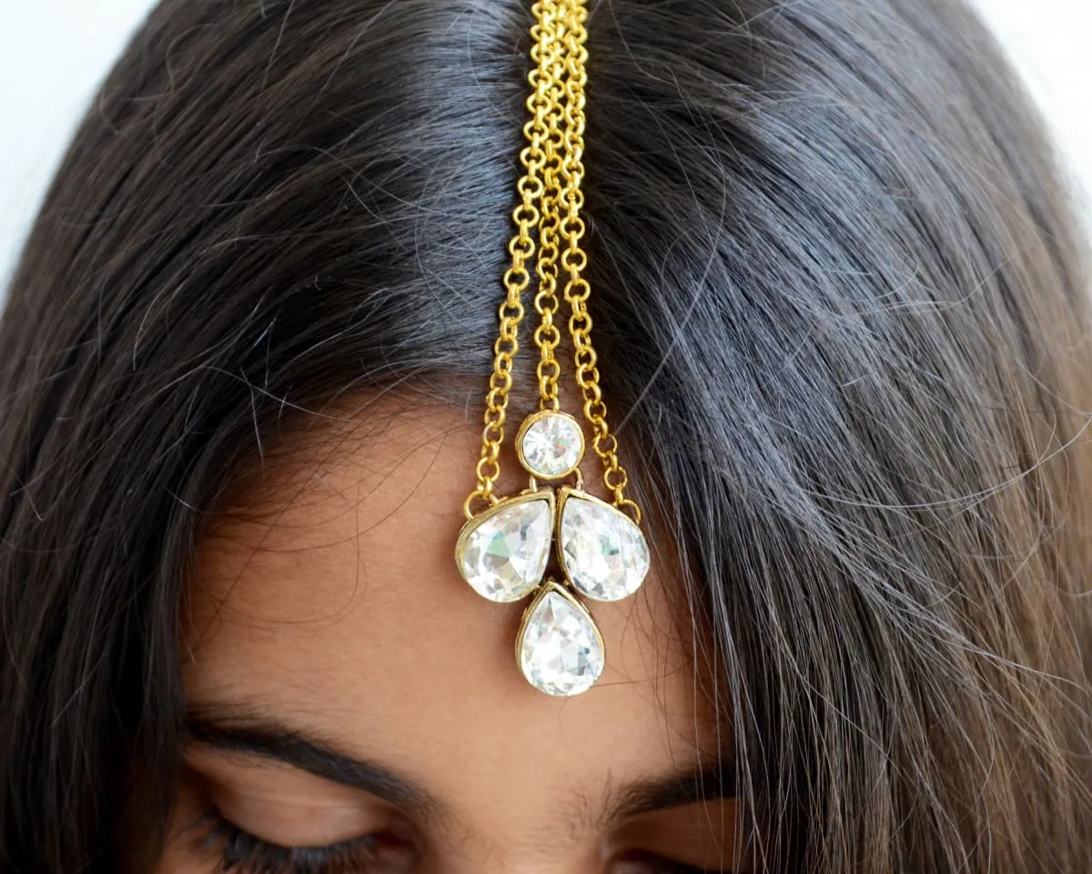 Gold Kundan Maang Tikka Headpiece for Indian Wedding, Bridal Headchain, Rajasthani Matha Patti