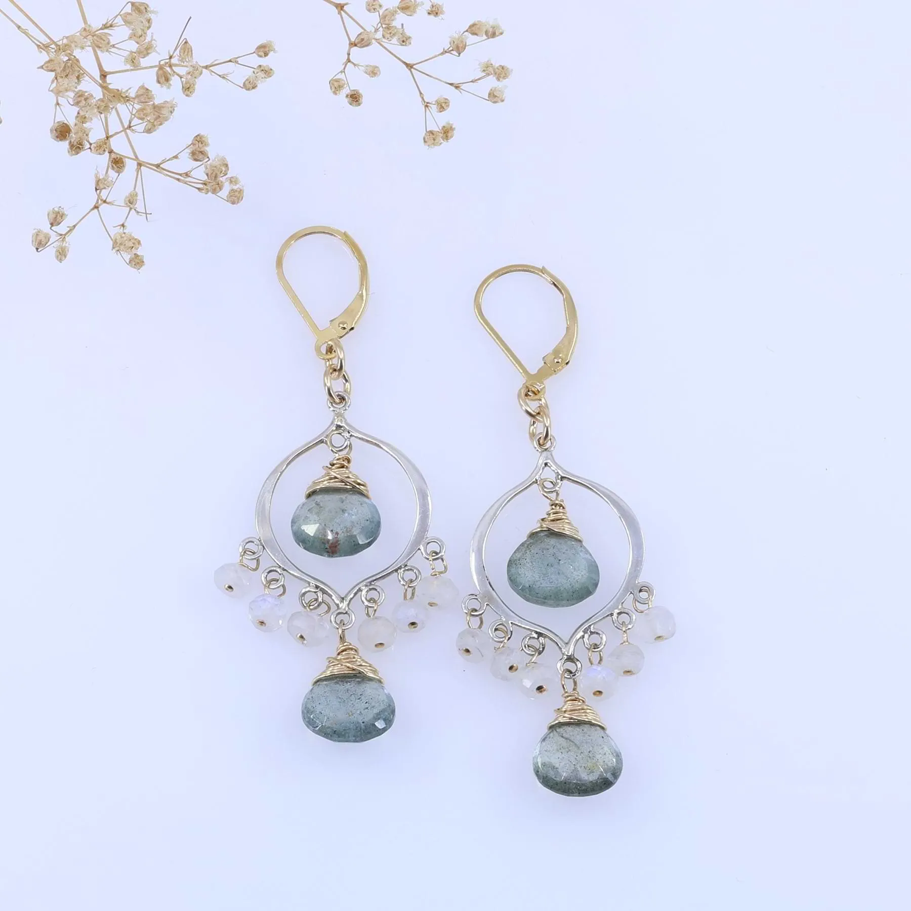 Grayson - Aquamarine and Moonstone Silver Chandelier Earrings - 2023