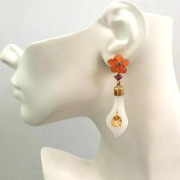 Green Agate on a Carved Flower Carnelian with Rhodolite Garnet and Citrine on a Calla Lily White Jade Twinset Earrings