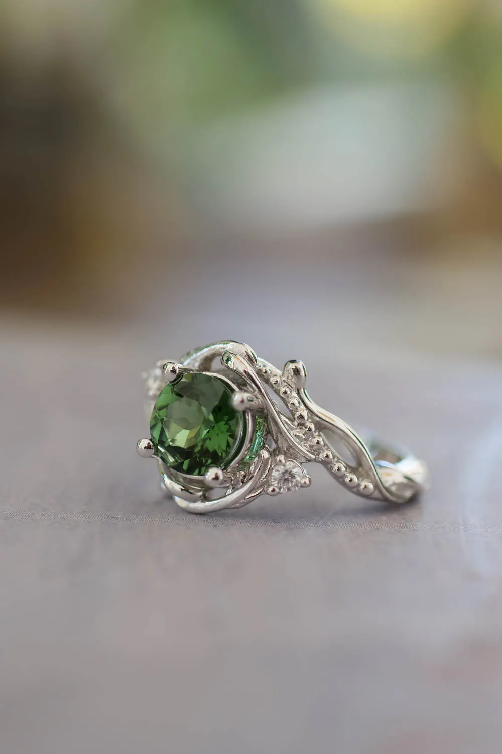 Green tourmaline ring with diamonds / 1 carat / Undina