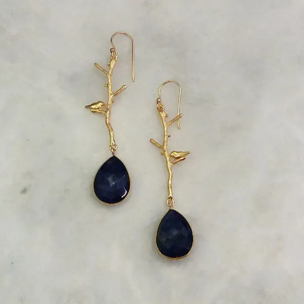 Ibon on Branches with Blue Sapphire Double Drop Earrings