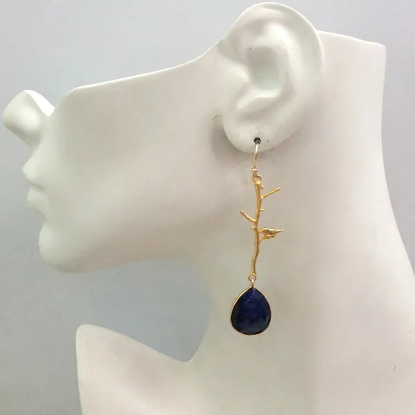 Ibon on Branches with Blue Sapphire Double Drop Earrings