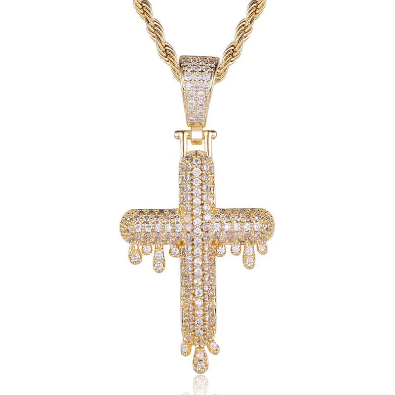 Iced Out Drip Cross Pendant - Gold