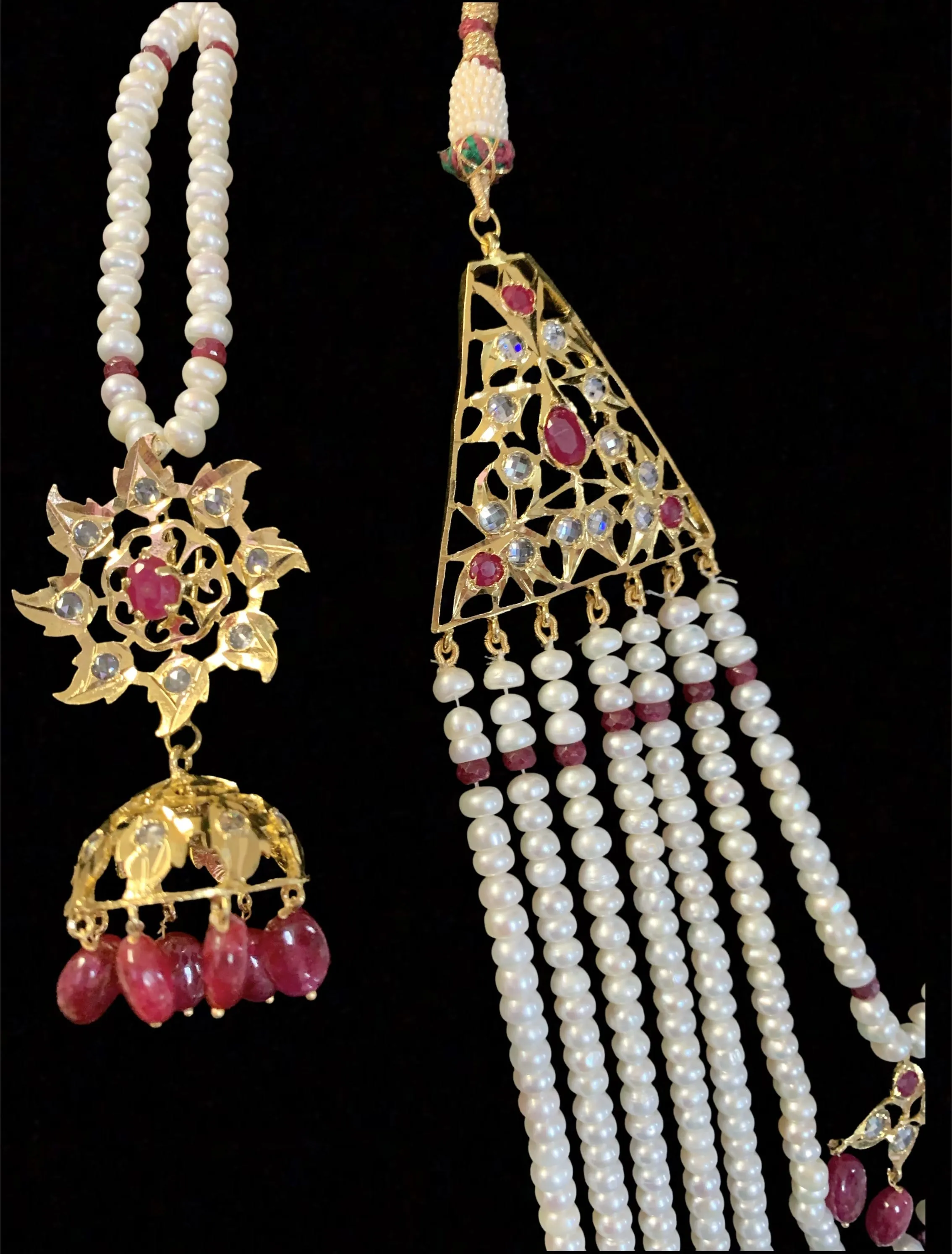 Insia jadavi lacha satlada set in rubies with fresh water pearls ( SHIPS IN 3 WEEKS )