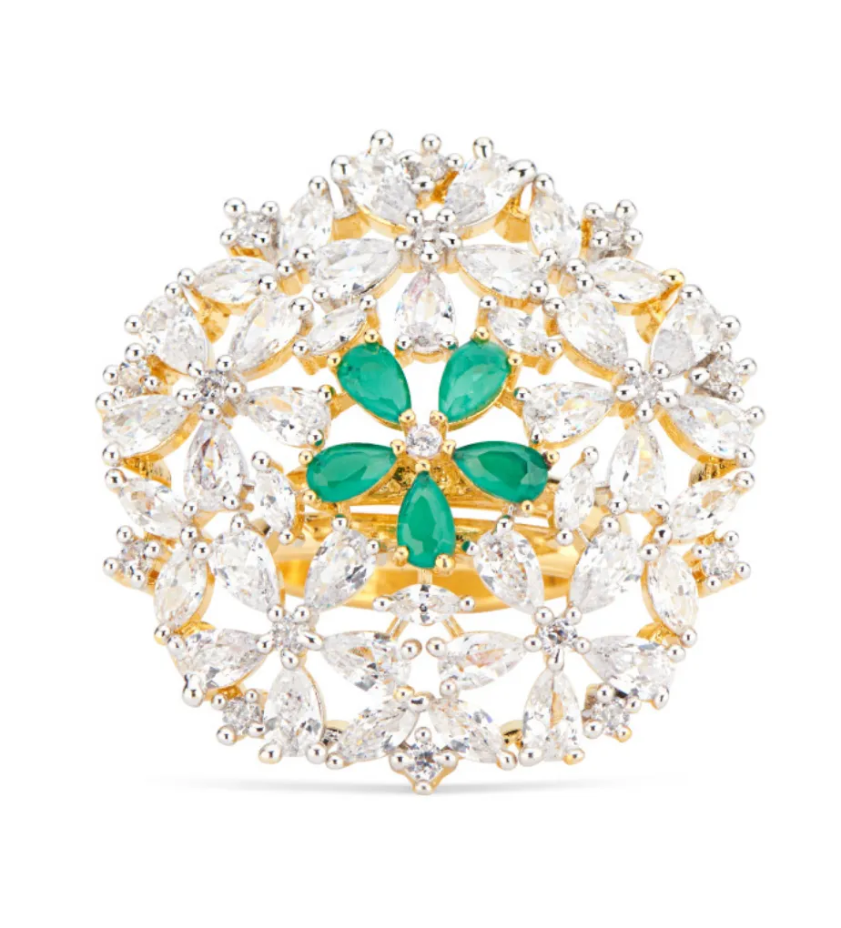 Jasmine Floral Statement Ring With Green Stones by Jaipur Rose Designer Indian Jewelry